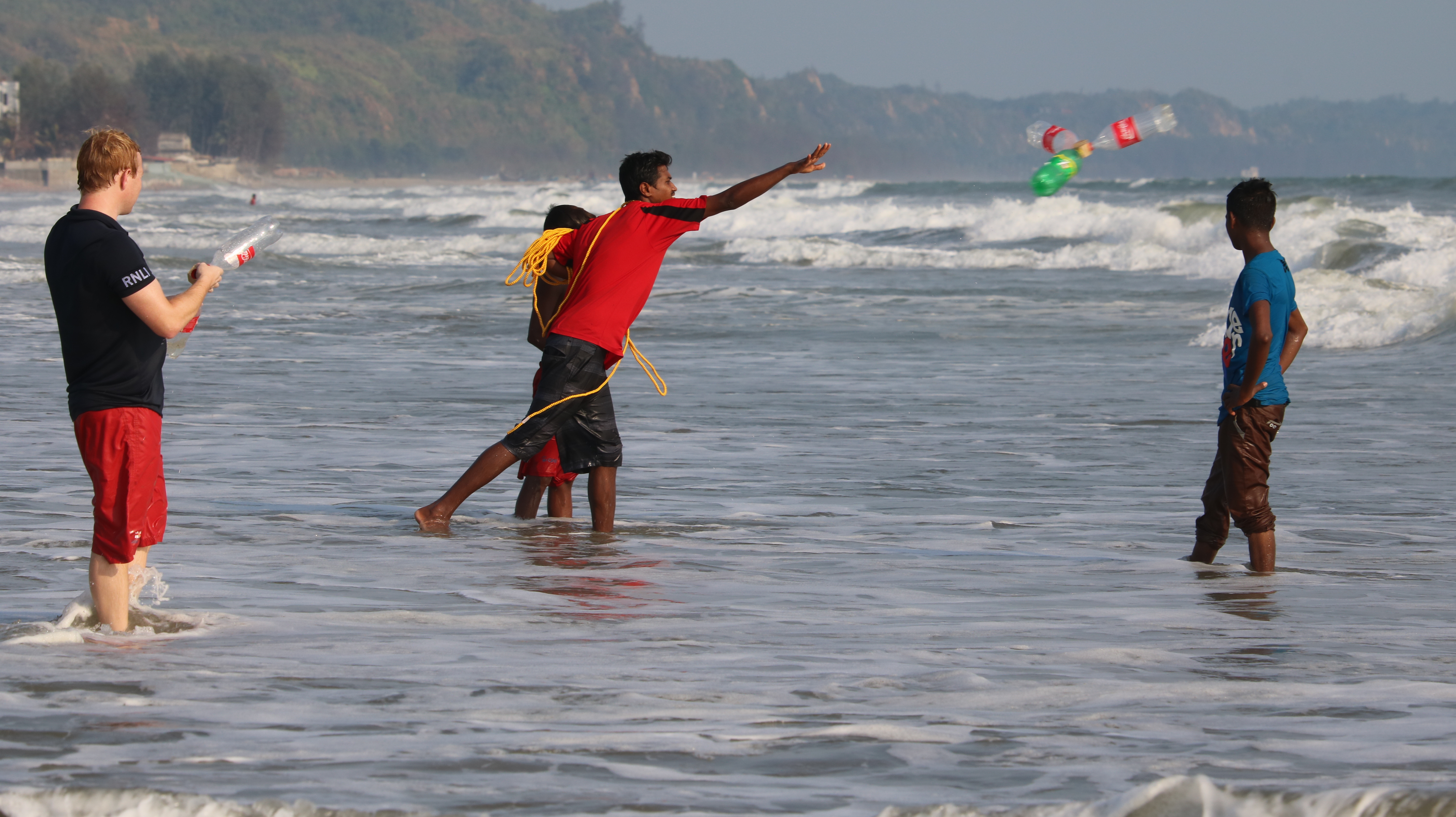 The bottle buoy is tested in the sea at Cox's Bazar, Bangladesh