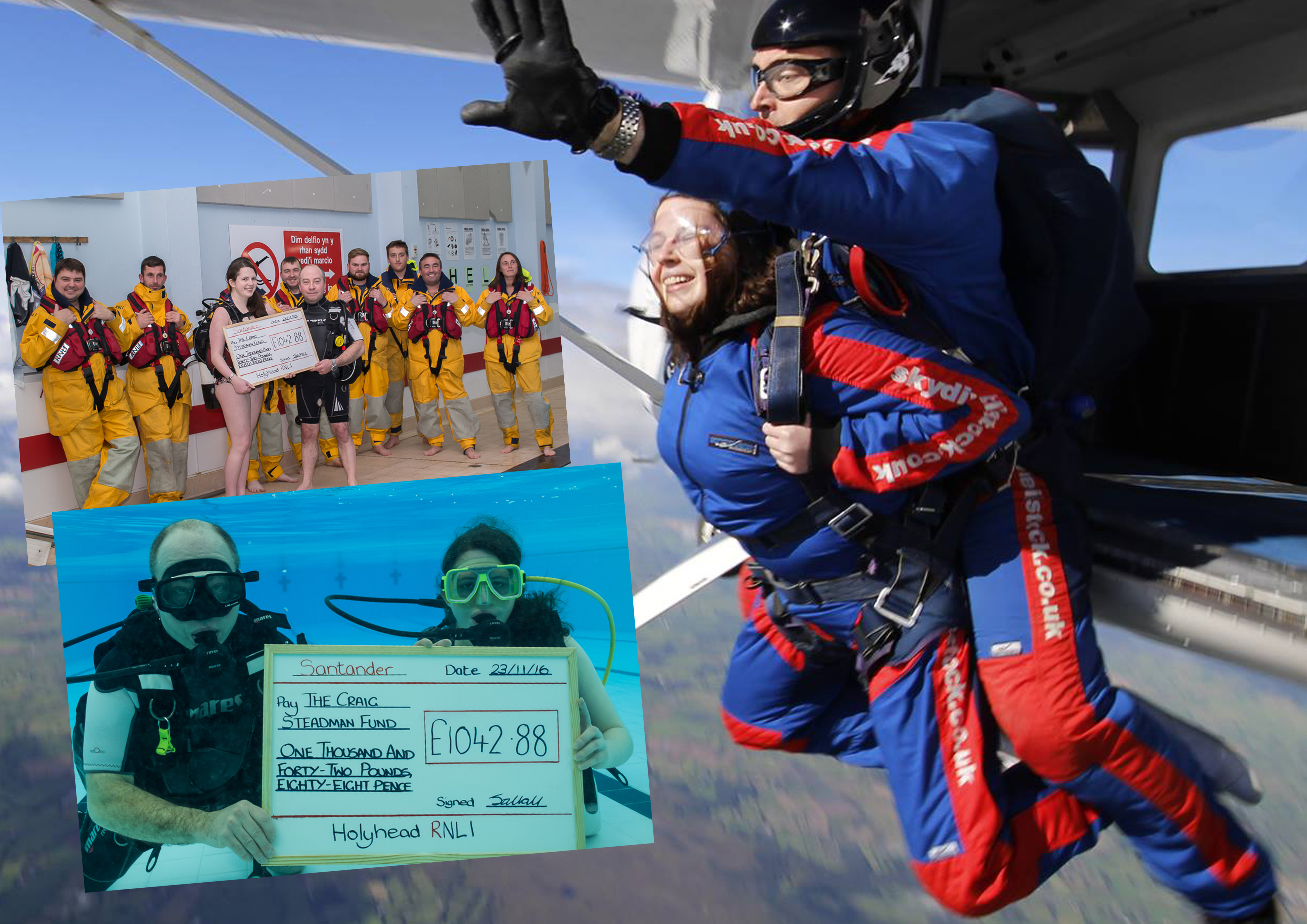 RNLI fundraiser Jeni Hall has raised £1,042.88 for Holyhead Lifeboat appeal in memory of crew member and step-brother Craig Steadman who tragically died in a motorbike accident on the A55 last year. She presented the donation to the crew whilst diving in Holyhead Leisure Centre pool.