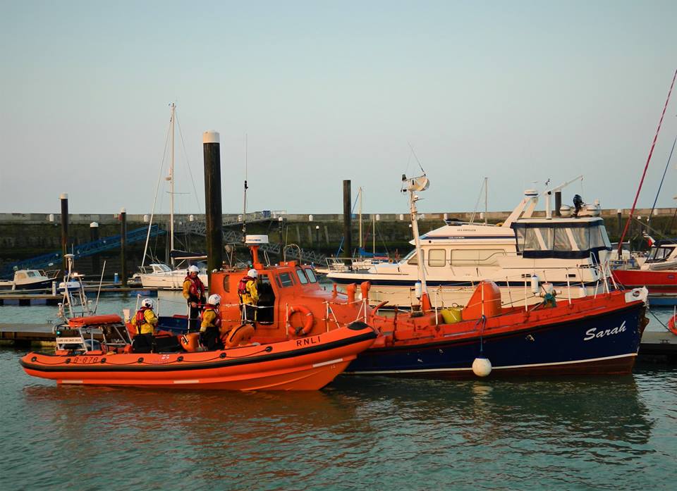 Ramsgate ILB with rescued ex-lifeboat in Ramsgate Harbour