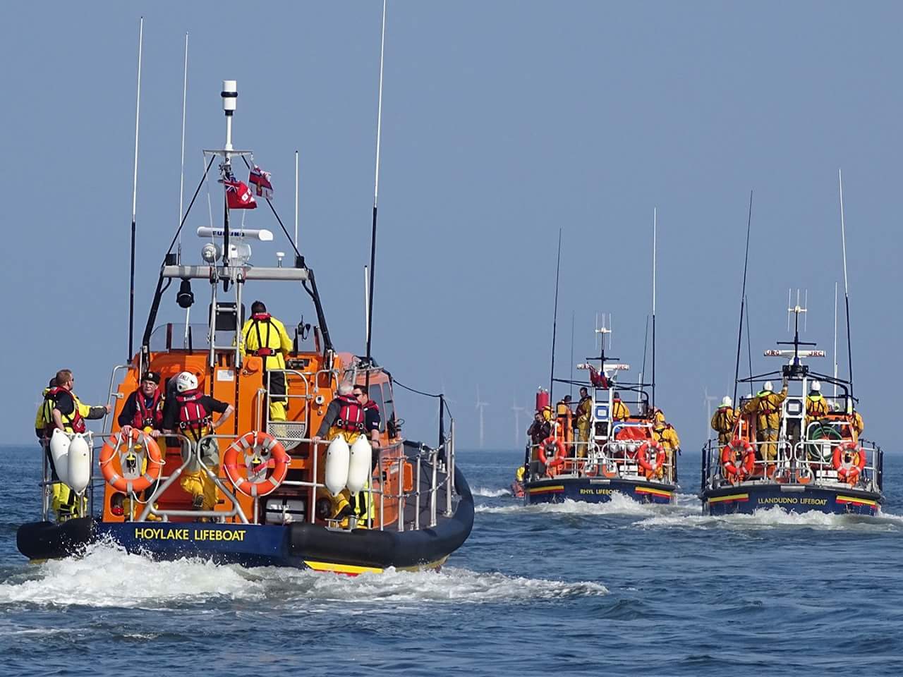 lifeboats from Rhyl, Llandudno and Hoylake leaving Rhyl harbour