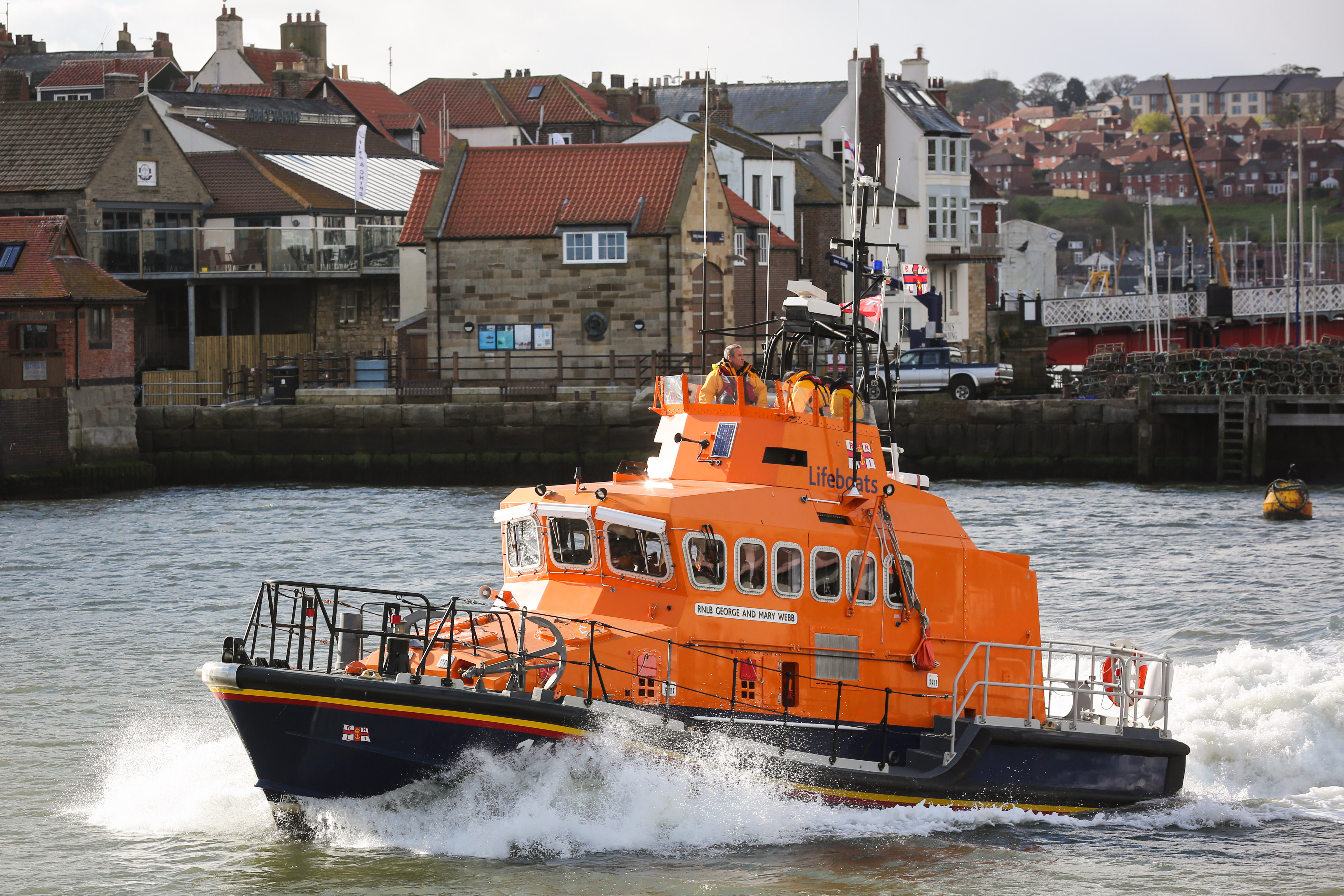 Whitby RNLI's all weather lifeboat George and Mary Webb is launched by the volunteer crew.