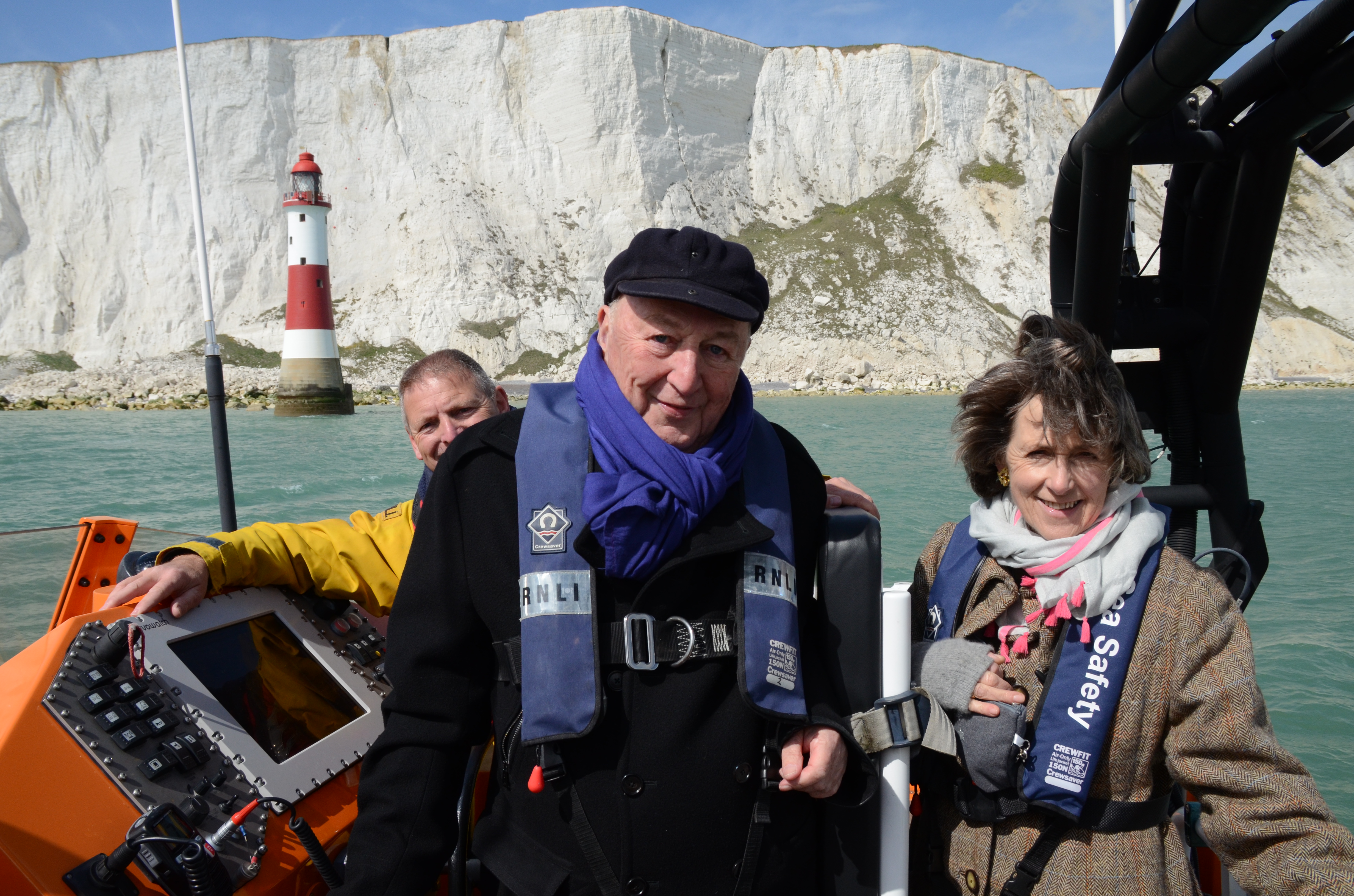 Duke and Duchess aboard Diamond Jubilee with Coxswain Mark Sawyer at Beachy Head