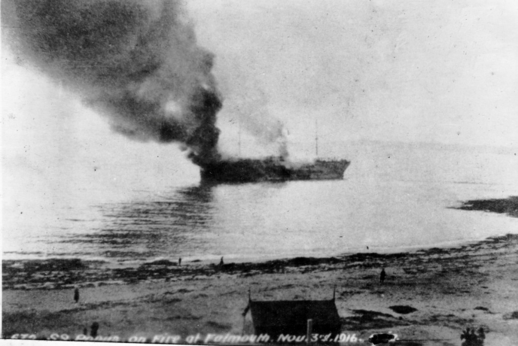 The tanker SS Ponus on fire