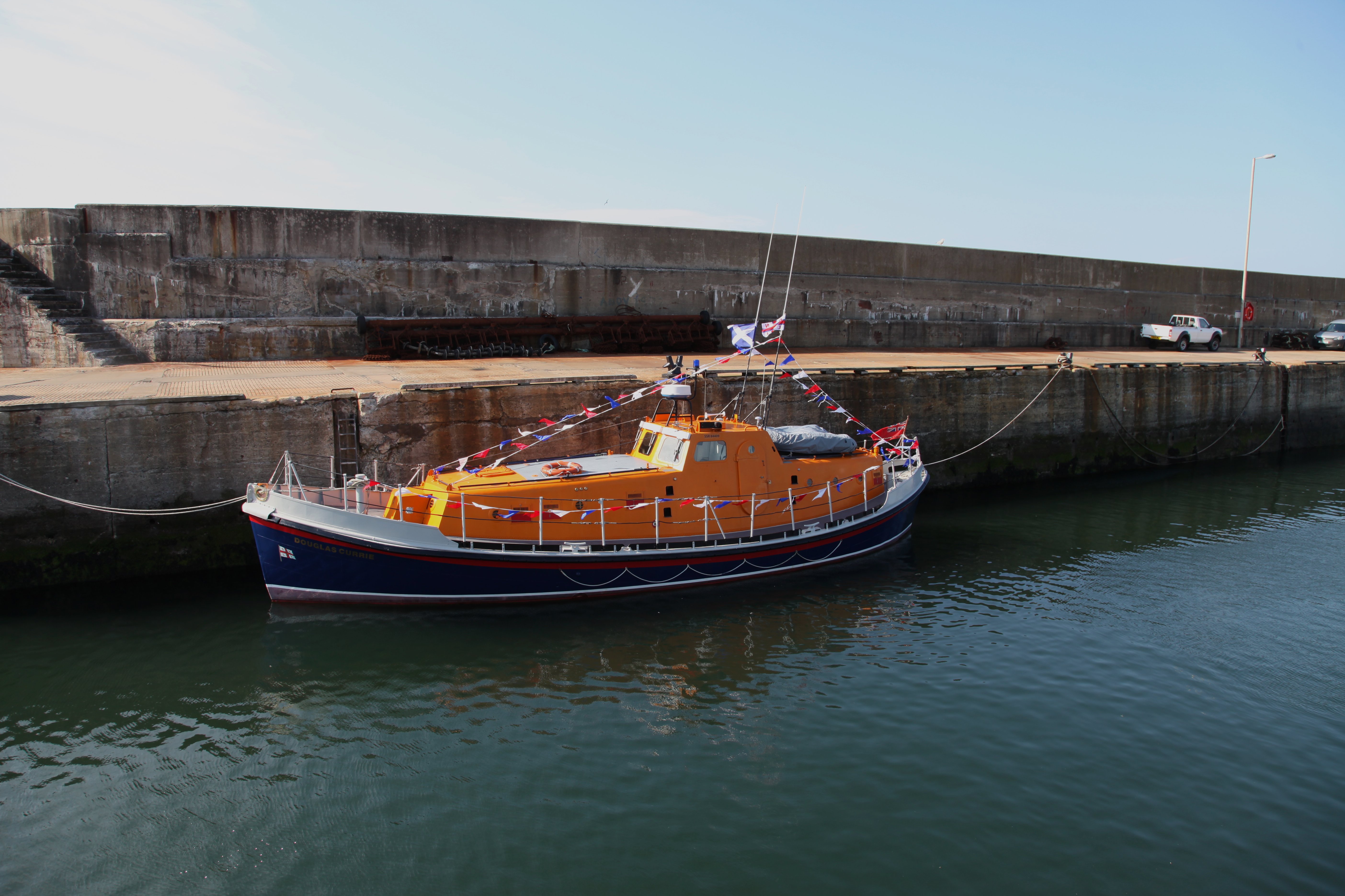 The last all-weather lifeboat to be stationed at Macduff, the Douglas Currie, moored up in Macduff Harbour in 2015