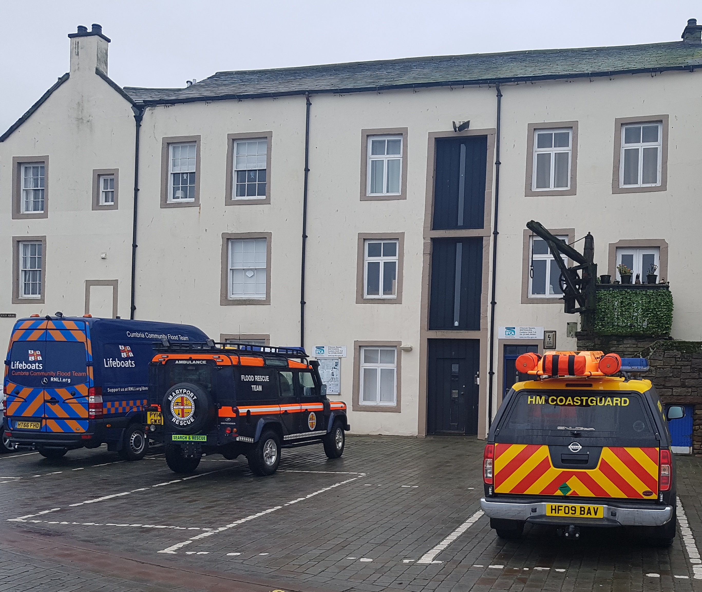 The RNLI Flood rescue vehicle parked up alongside the Maryport Independent and Coastguard vehicles