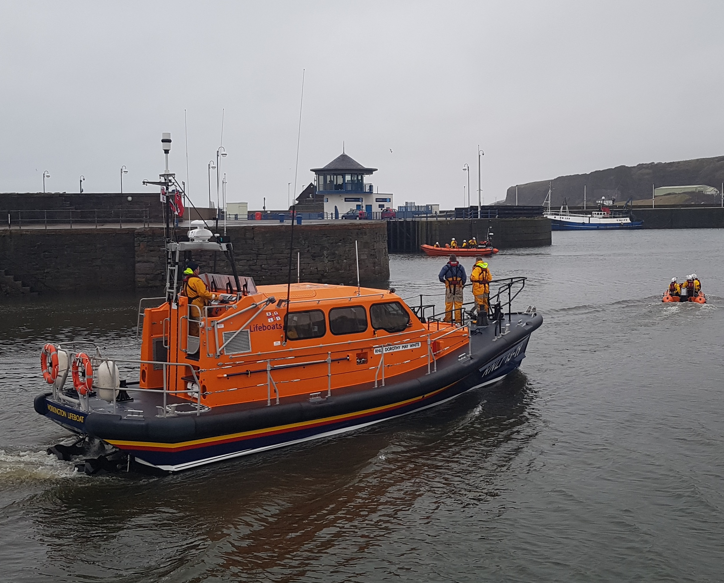 St Bees lifeboat heads into the lock followed by Warrington’s D class ILB and the latest member of the fleet the all weather Shannon lifeboat.