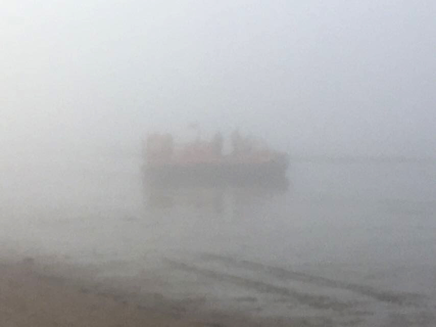 RNLI Hoylake Hovercraft returns casualties safely to shore in dense fog.