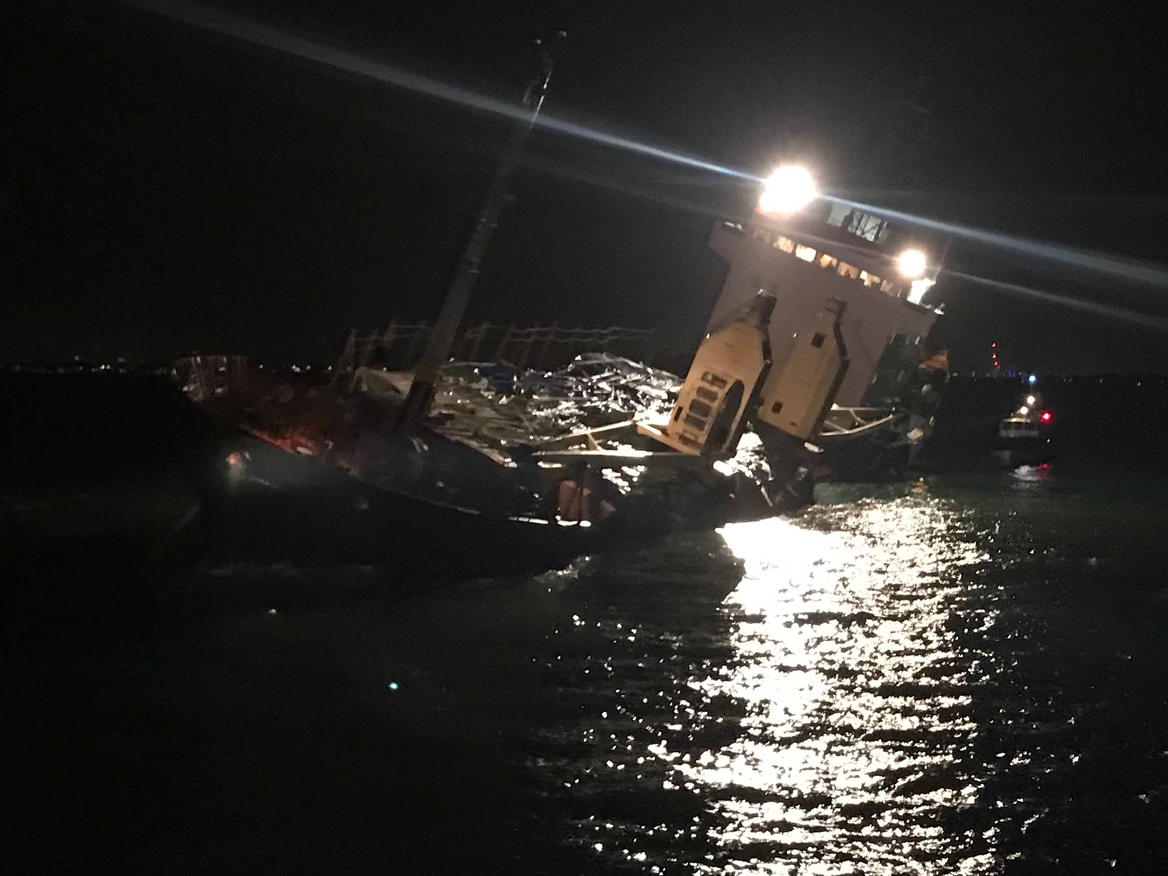 The listing Russian cargo vessel during the Yarmouth lifeboat's night watch.