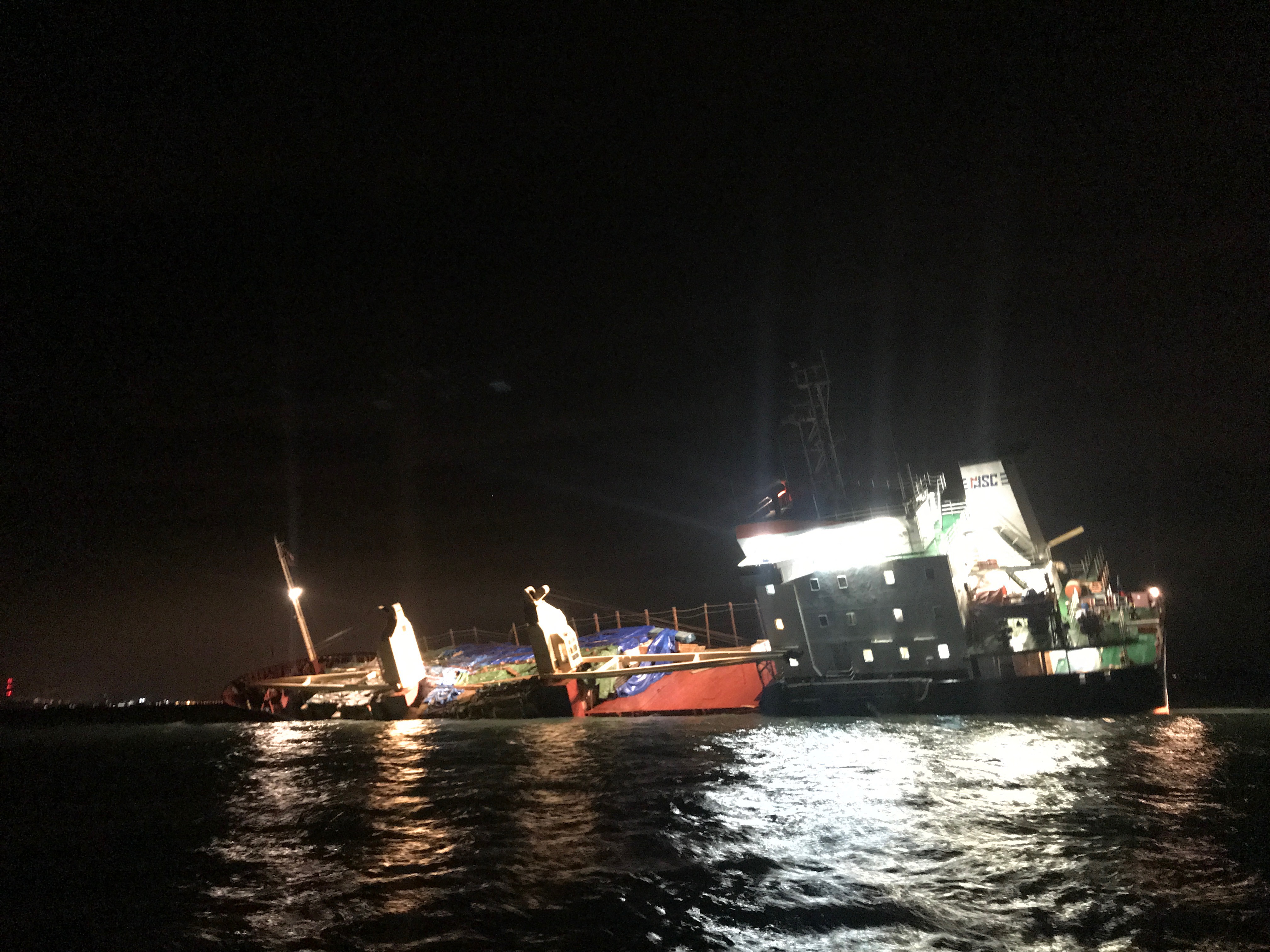The listing Russian cargo vessel during the Yarmouth lifeboat's night watch.