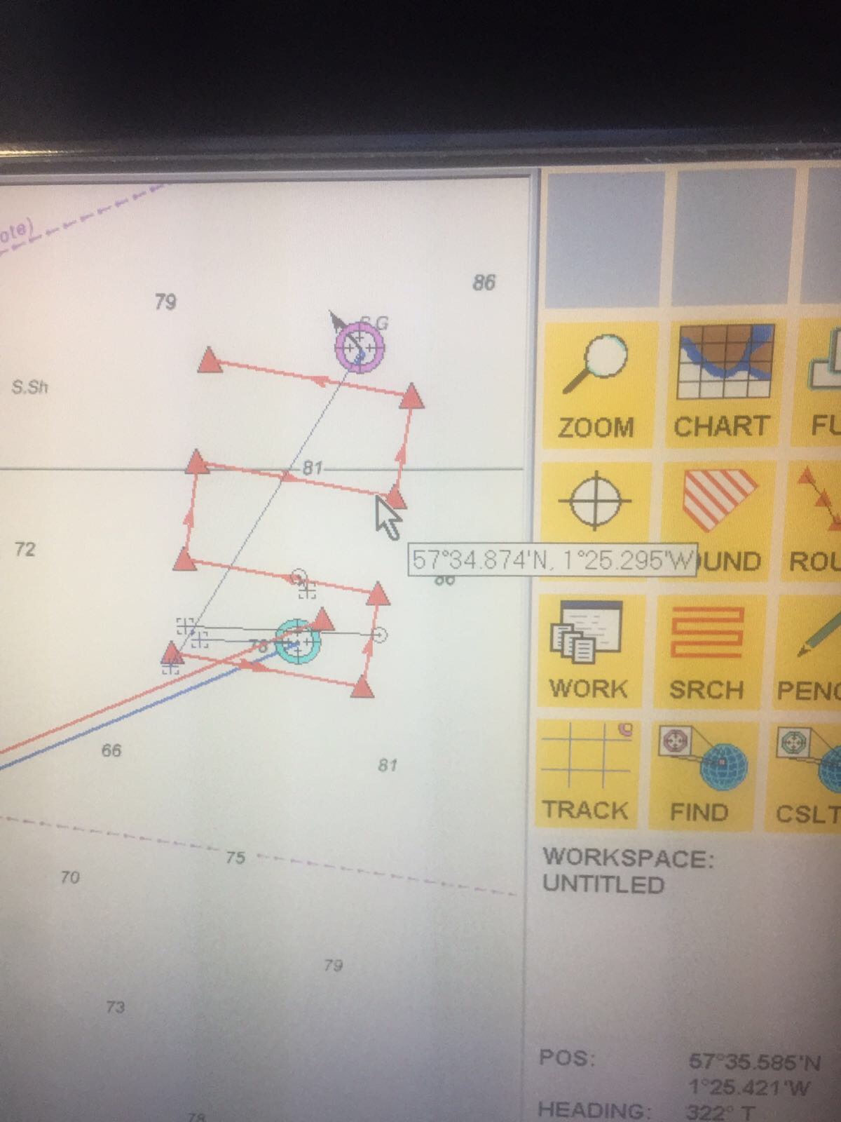 The search pattern of Peterhead lifeboat. Green emblem is satart purole emblem is location of suit