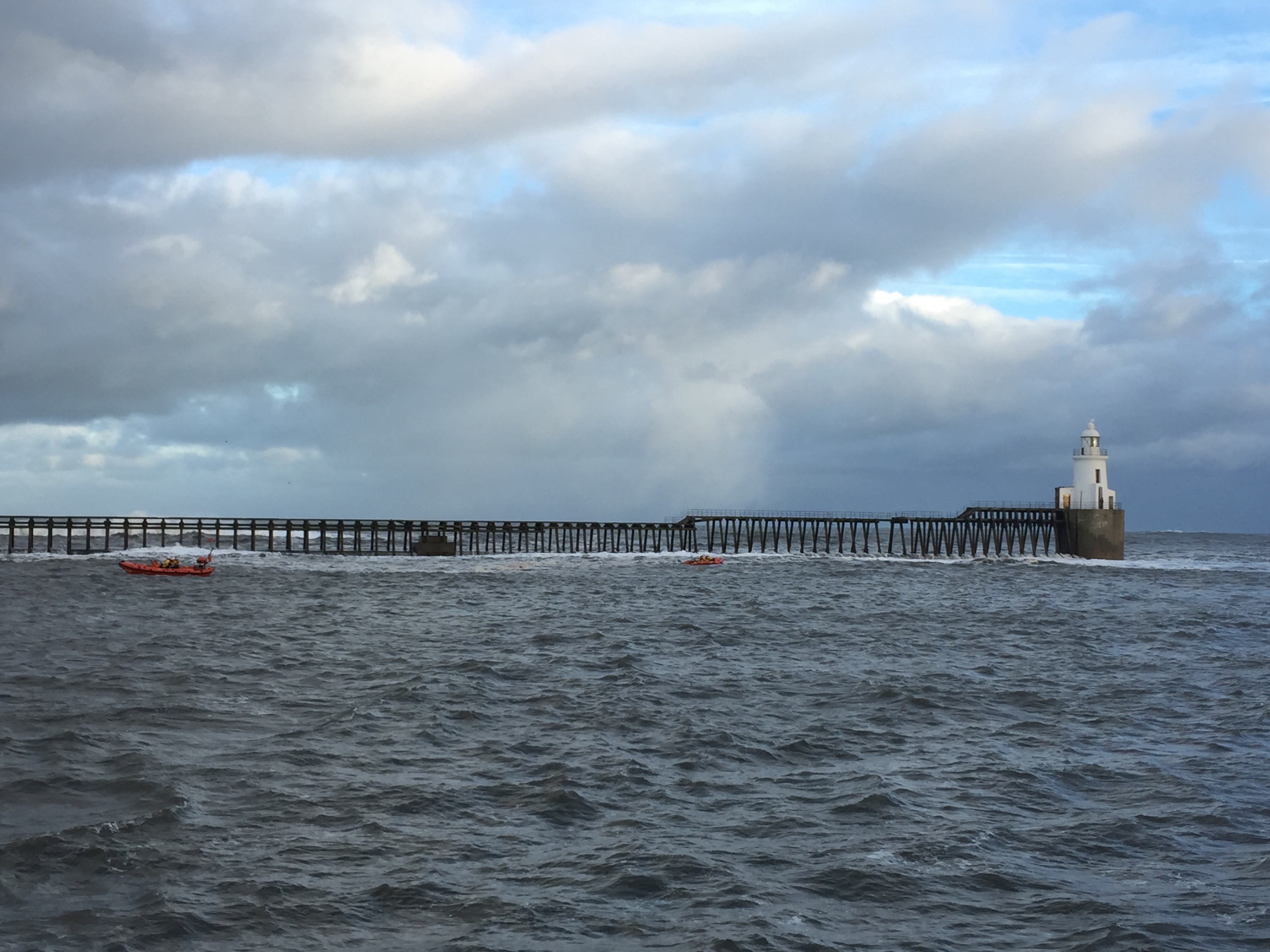 Blyth RNLI Lifeboats at the entrance to Blyth Harbour and joined by Blyth pilot boat