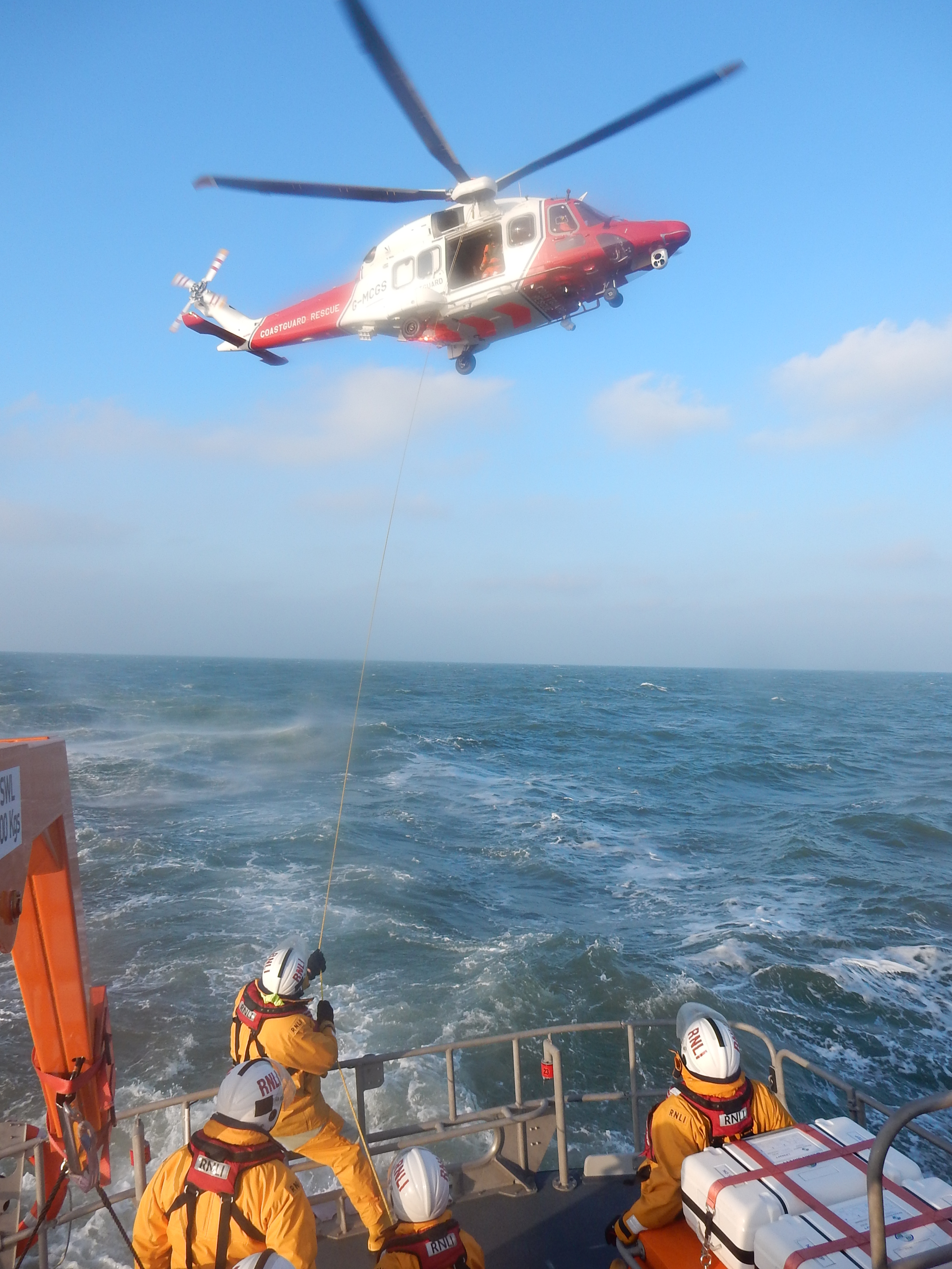 Following the successful recovery of the winchman and stretcher by the new Coastguard AW189 helicopter.