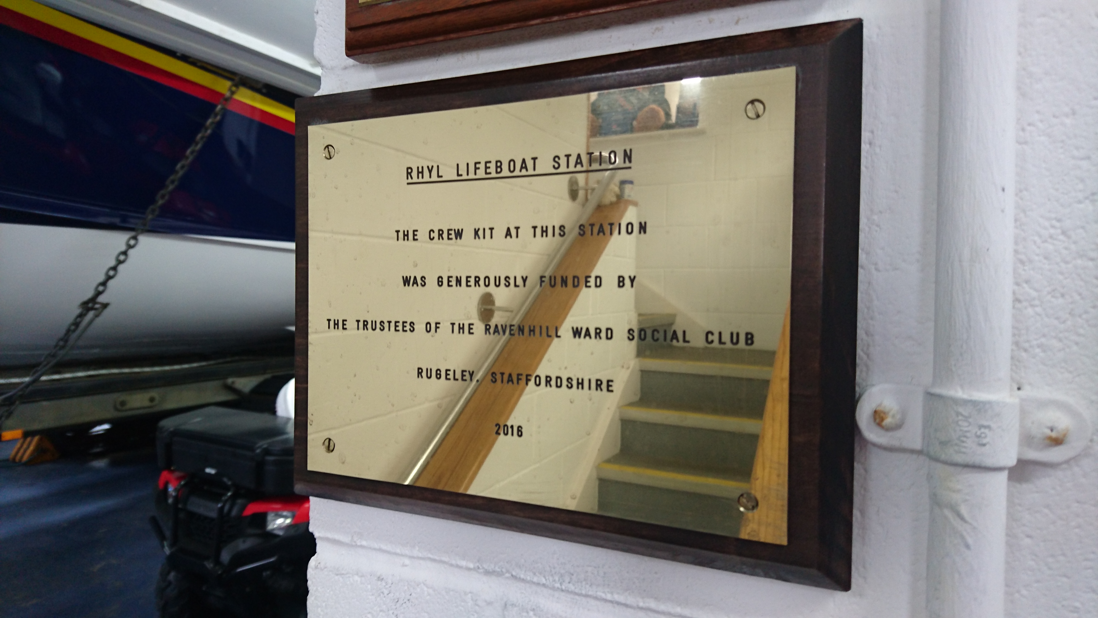 Plaque erected to show record of donation in Rhyl RNLI lifeboat station.