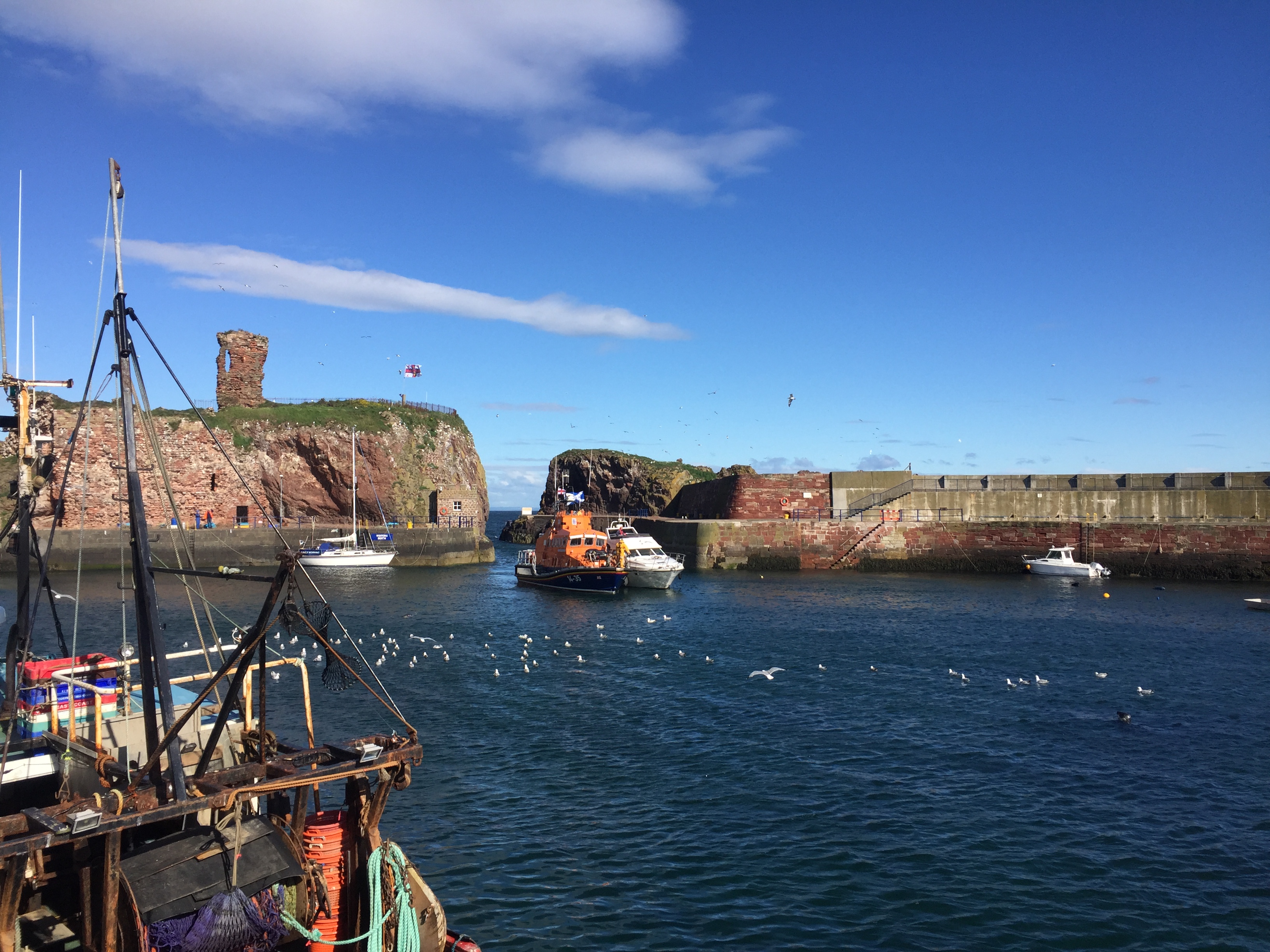 Dunbar lifeboat towing the casualty vessel back into Dunbar Harbour