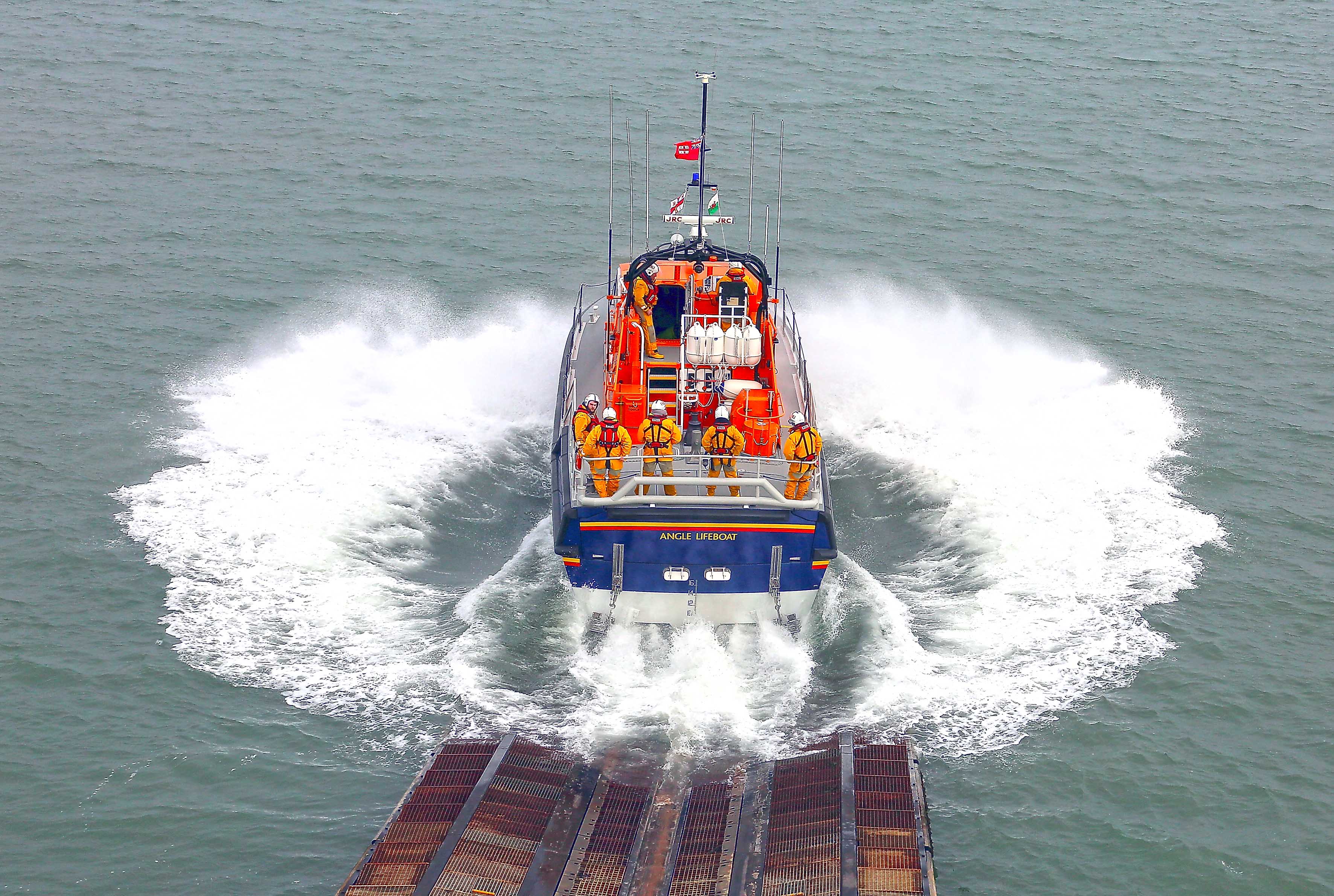 Angle RNLI's all weather state-of-the-art Tamar class lifeboat Mark Mason launching into the Milford Haven Waterway