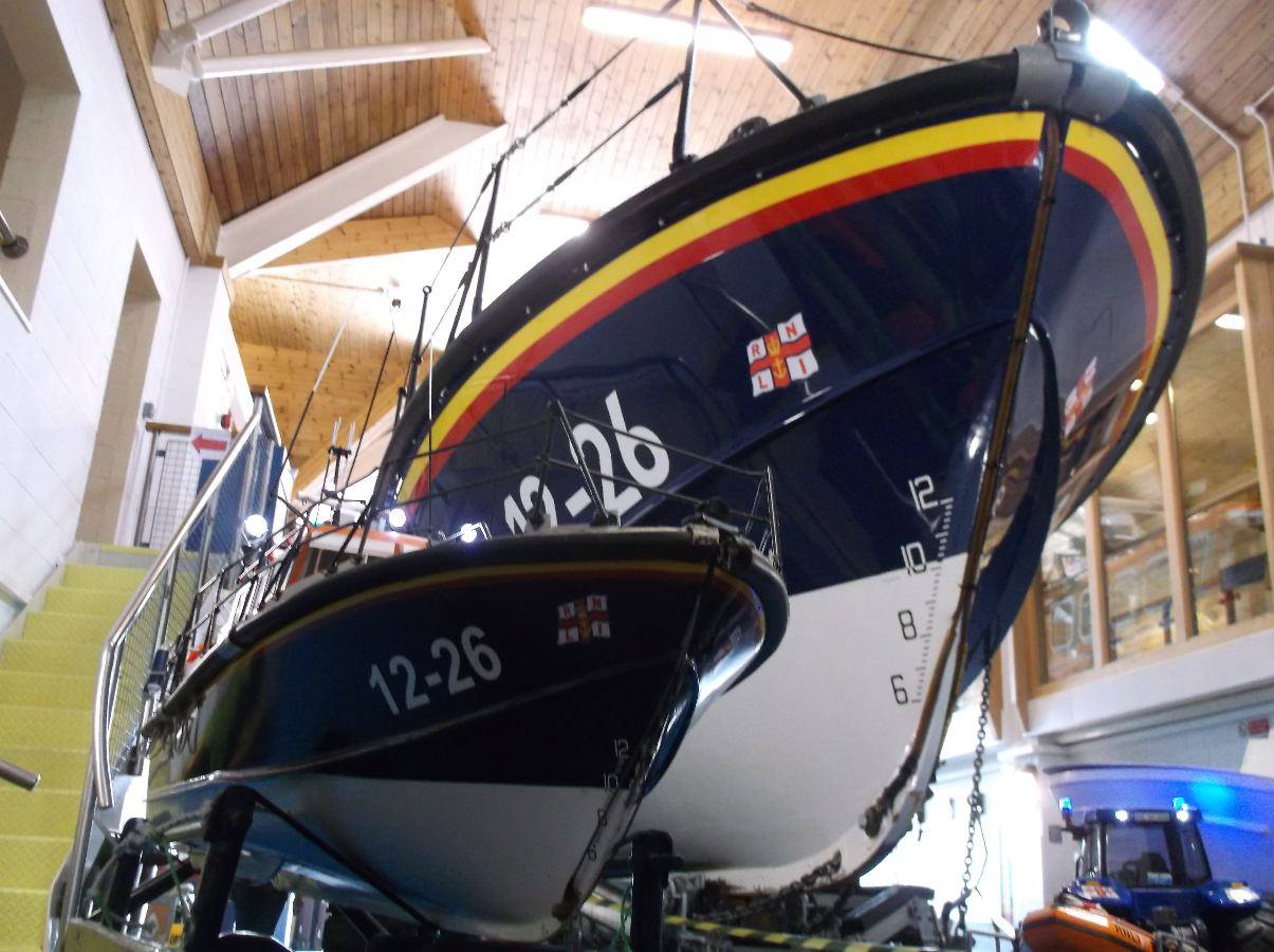 Radio Control Mersey Class Lifeboat next to the full size version. 