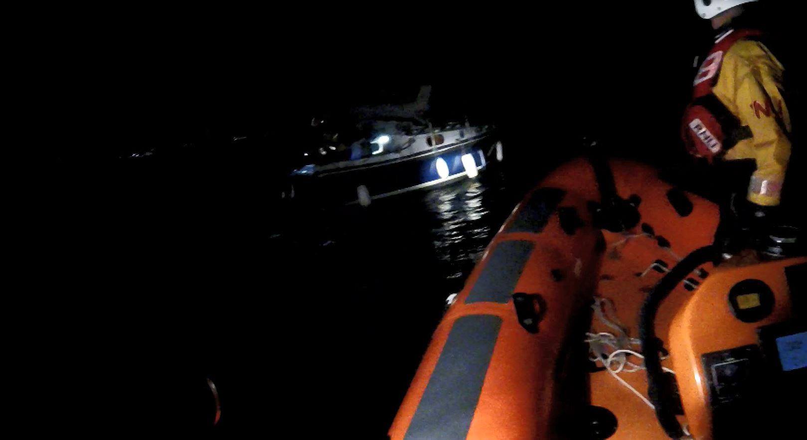 Poole Lifeboat volunteers assist a 26ft Yacht that ran aground at the Training bank just outside the entrance to Poole Harbour, the Training Bank is the notorious line of rocks in Studland Bay.