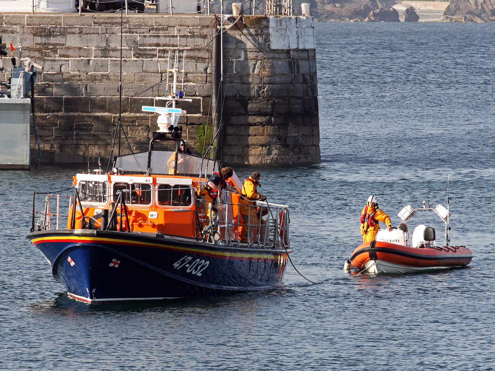 Douglas lifeboat Sir William Hillary returning to Douglas with RIB