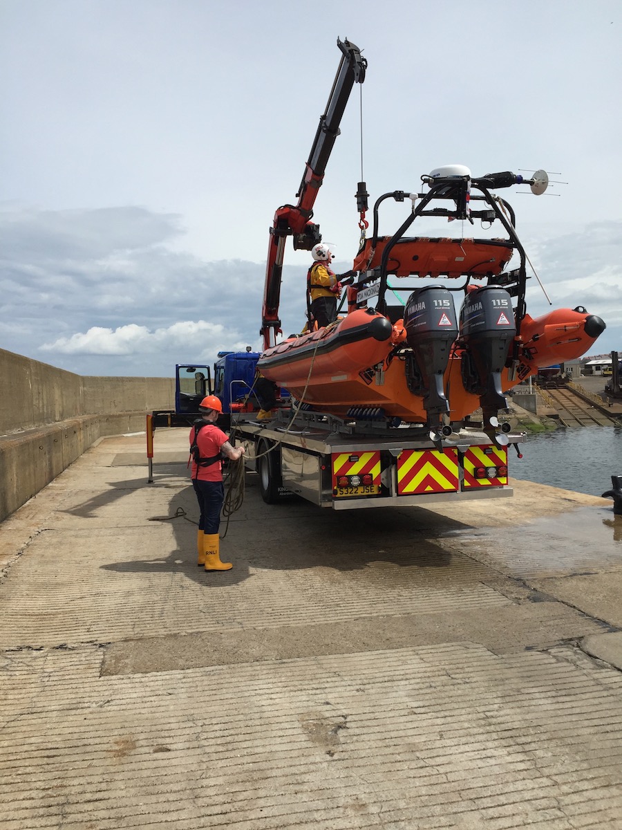 Macduff inshore lifeboat Lydia Macdonald being recovered after the search operation
