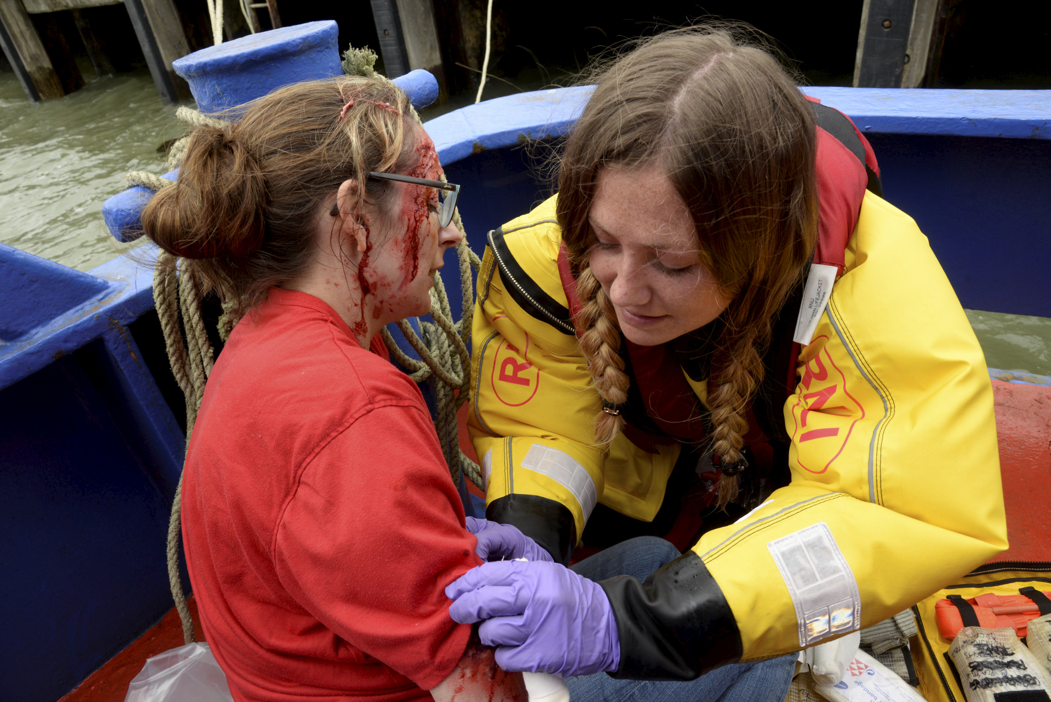 Casualty Lindsay Hart is given first aid by Nikky Williams during the second of the two 'runs' for the 2017 Whitstable Lifeboat Dan Davies Seamanship and First Aid Competition on Saturday.