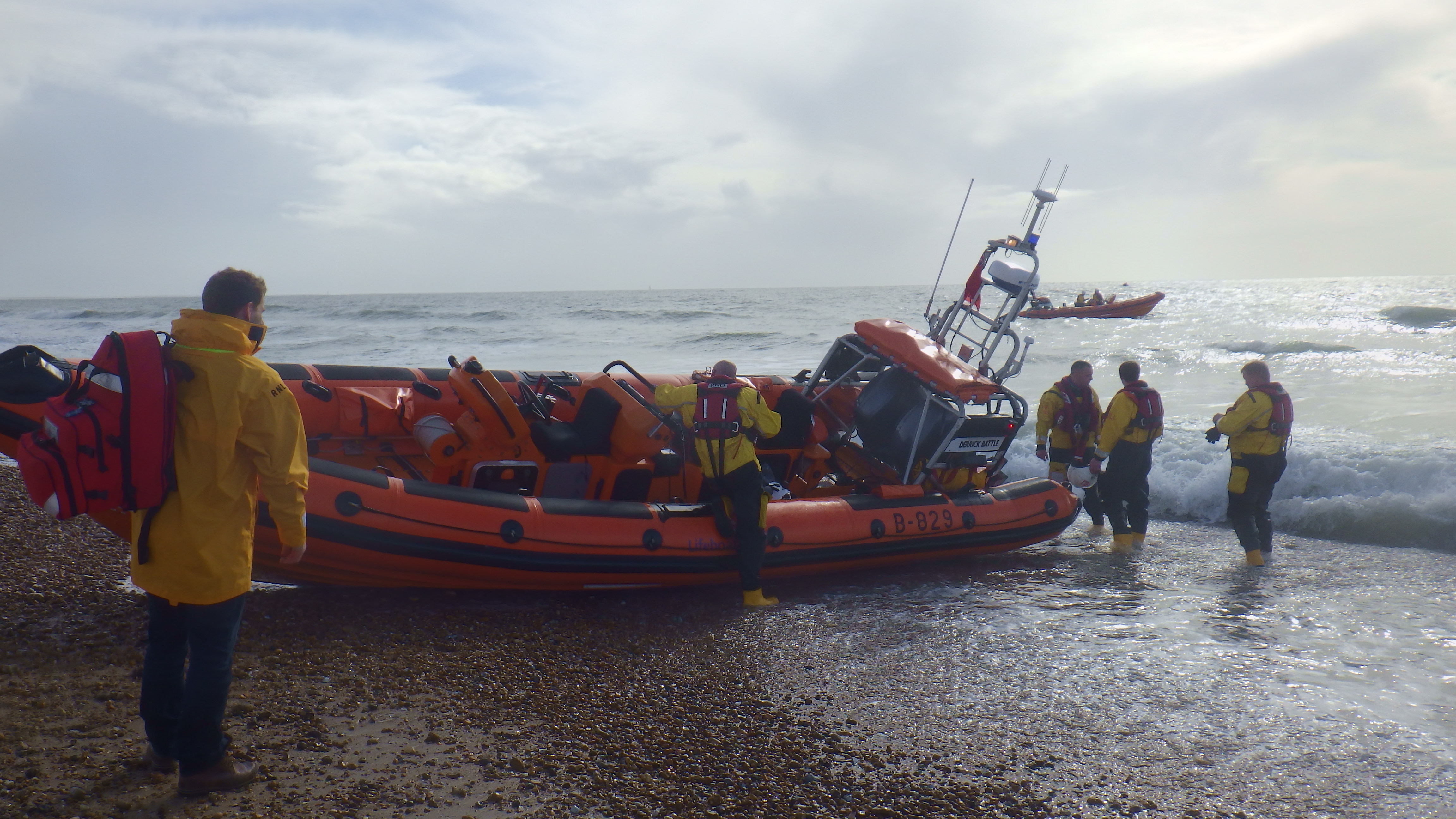 Hayling Island Lifeboat beached on the shore.