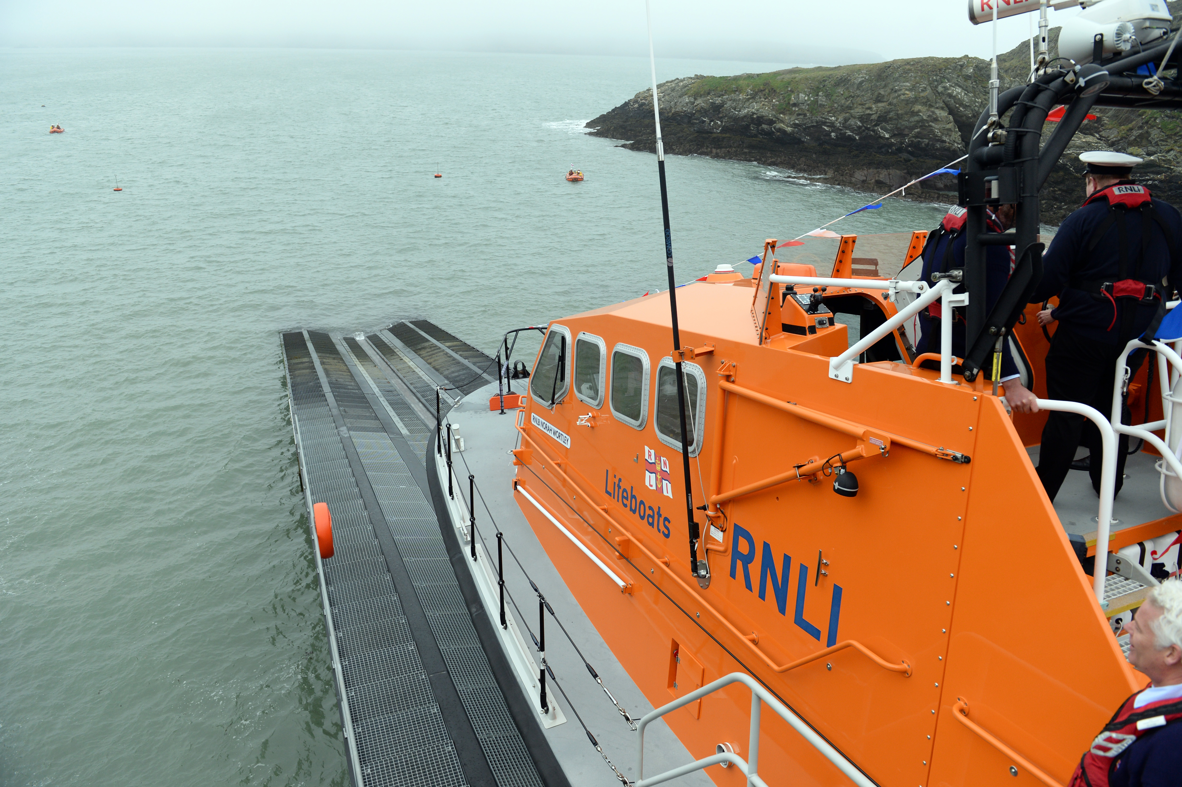 St Davids new Tamar class lifeboat Norah Wortley on the slip ready to launch at the naming ceremony.