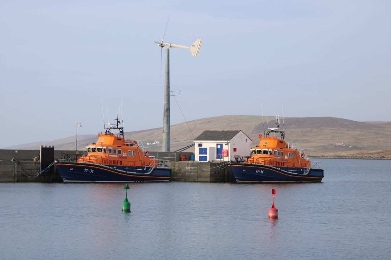 Aith's lifeboat and a relief lifeboat side by side at Aith