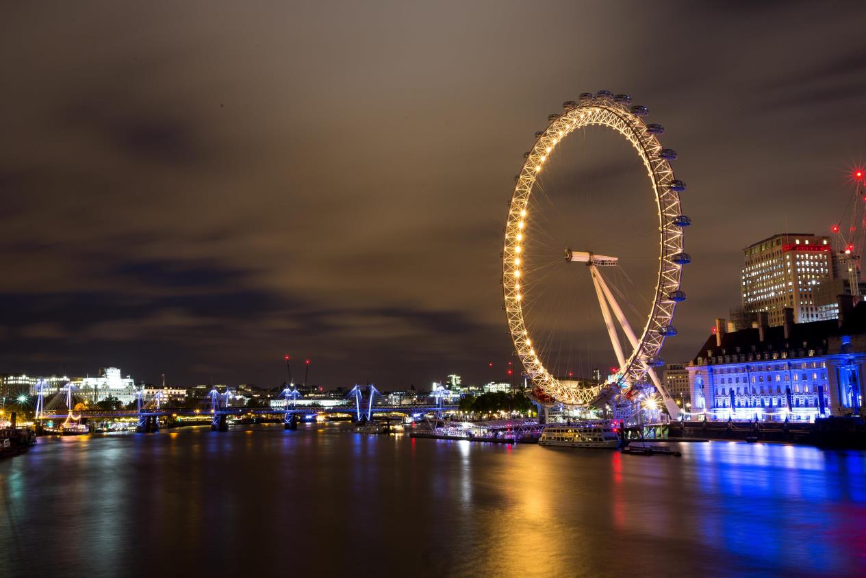 The Coca-Cola London Eye shines yellow in the London night sky
