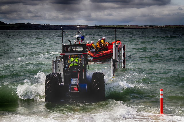 Skerries RNLI Launching their Atlantic 85 lifeboat.