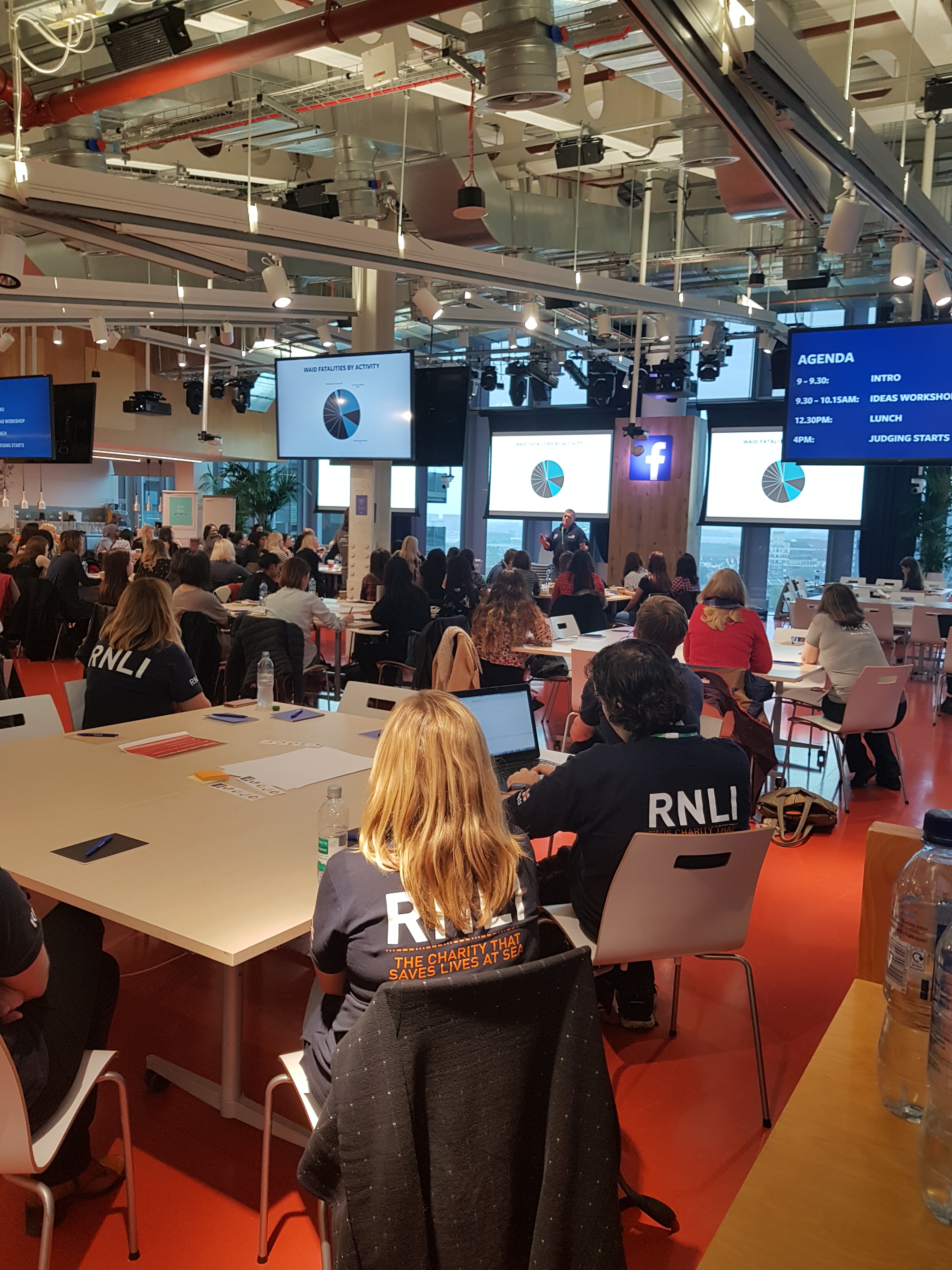 Hackathon participants and RNLI staff sat down listening to a presenter at the event