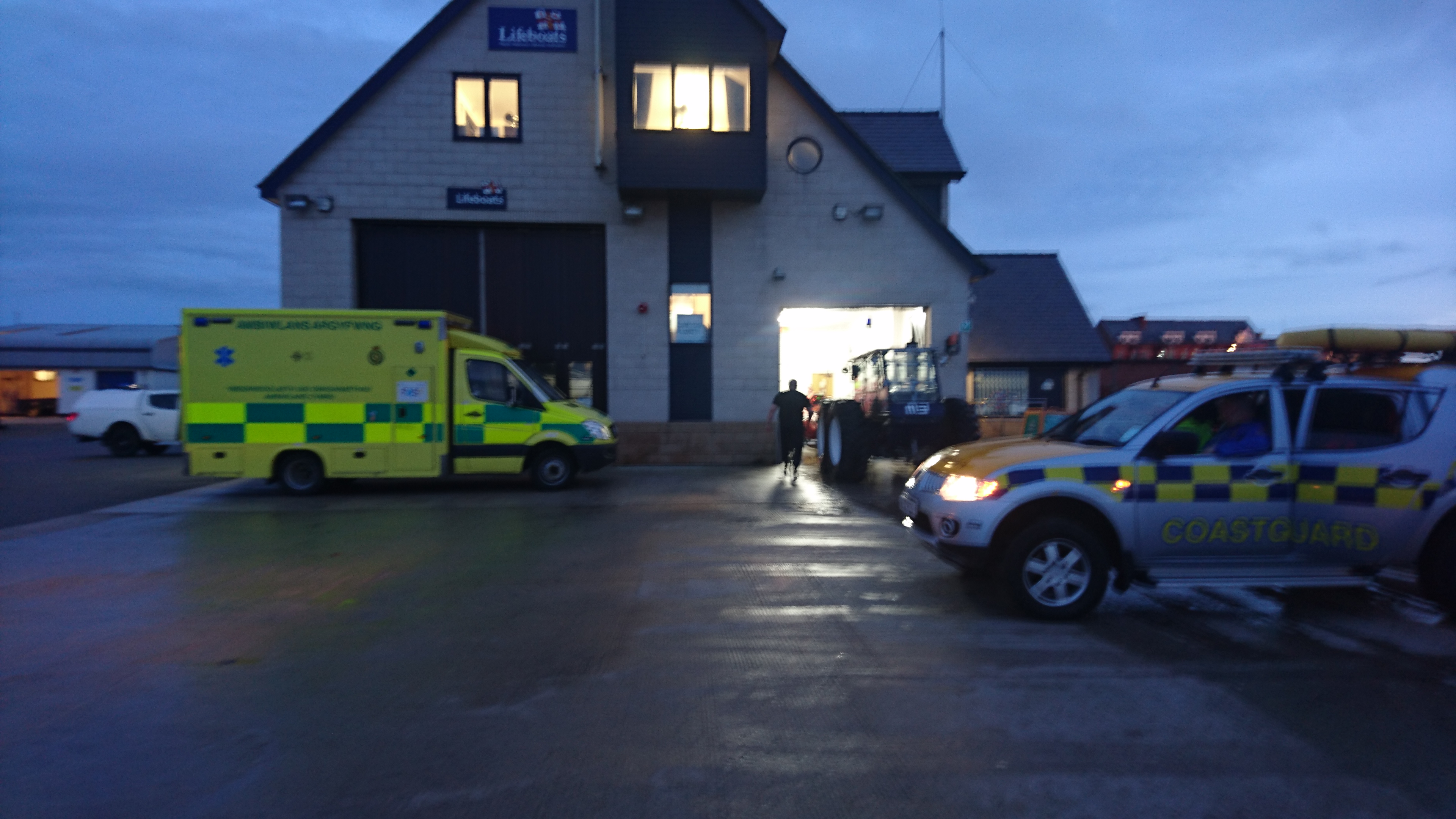 ambulance, coastguard and RNLI at boathouse.