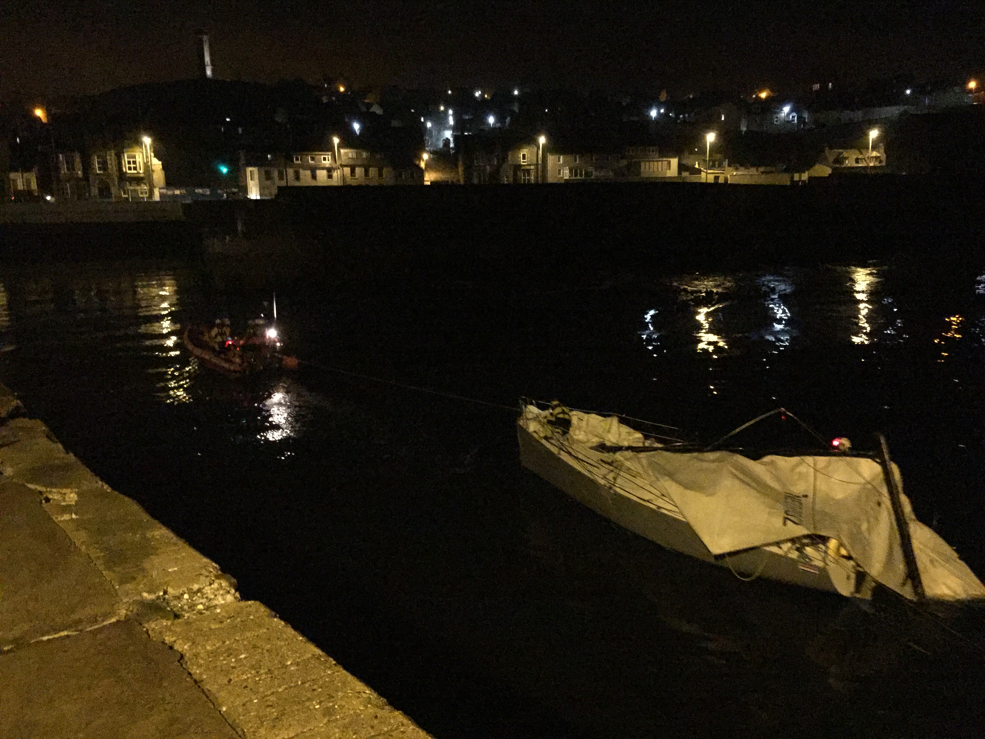 Yacht Spirit under tow from Macduff Lifeboat Lydia Macdonald in to Macduff Harbour