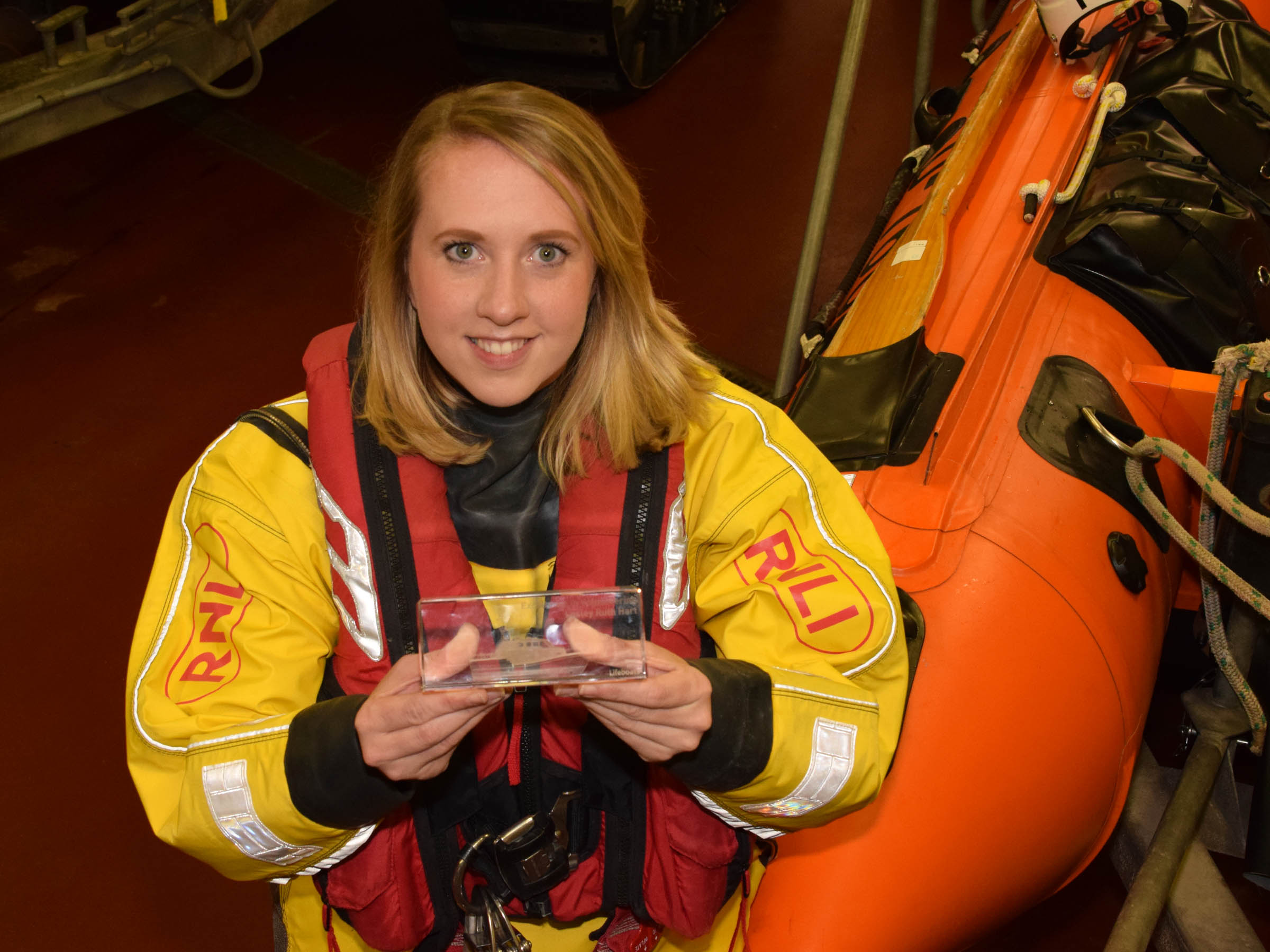 Lesley with her highly coveted award, at last Wednesday’s lifeboat training evening