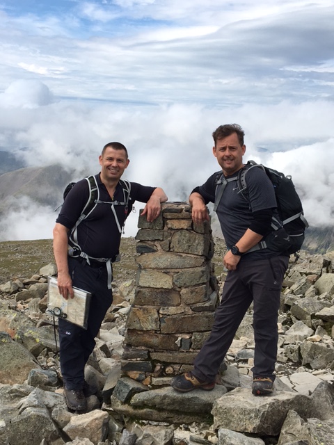 Chris Smith &amp; Darren Clemson at the top of Scafell Pike during training for Everest trek