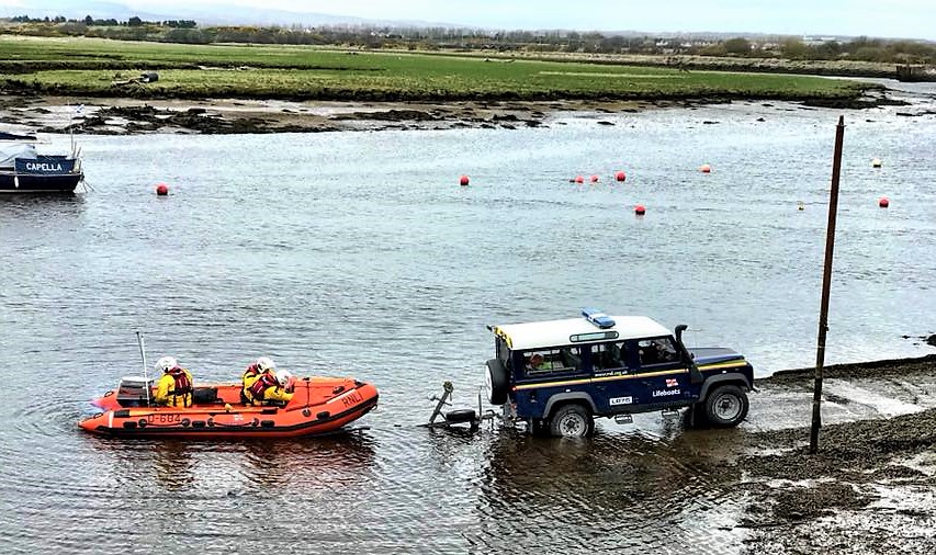 Troon Inshore Lifeboat launching within Irvine Harbour