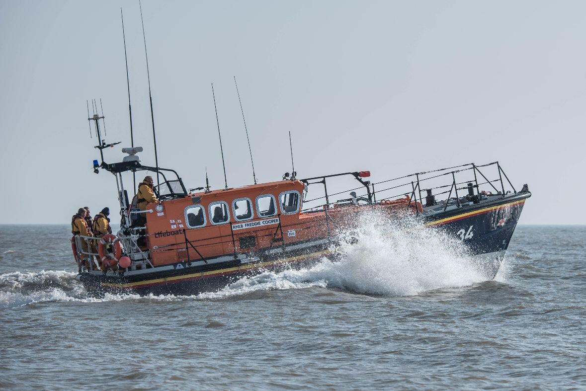 Aldeburgh Mersey class lifeboat Freddie Cooper 12-34 at sea.