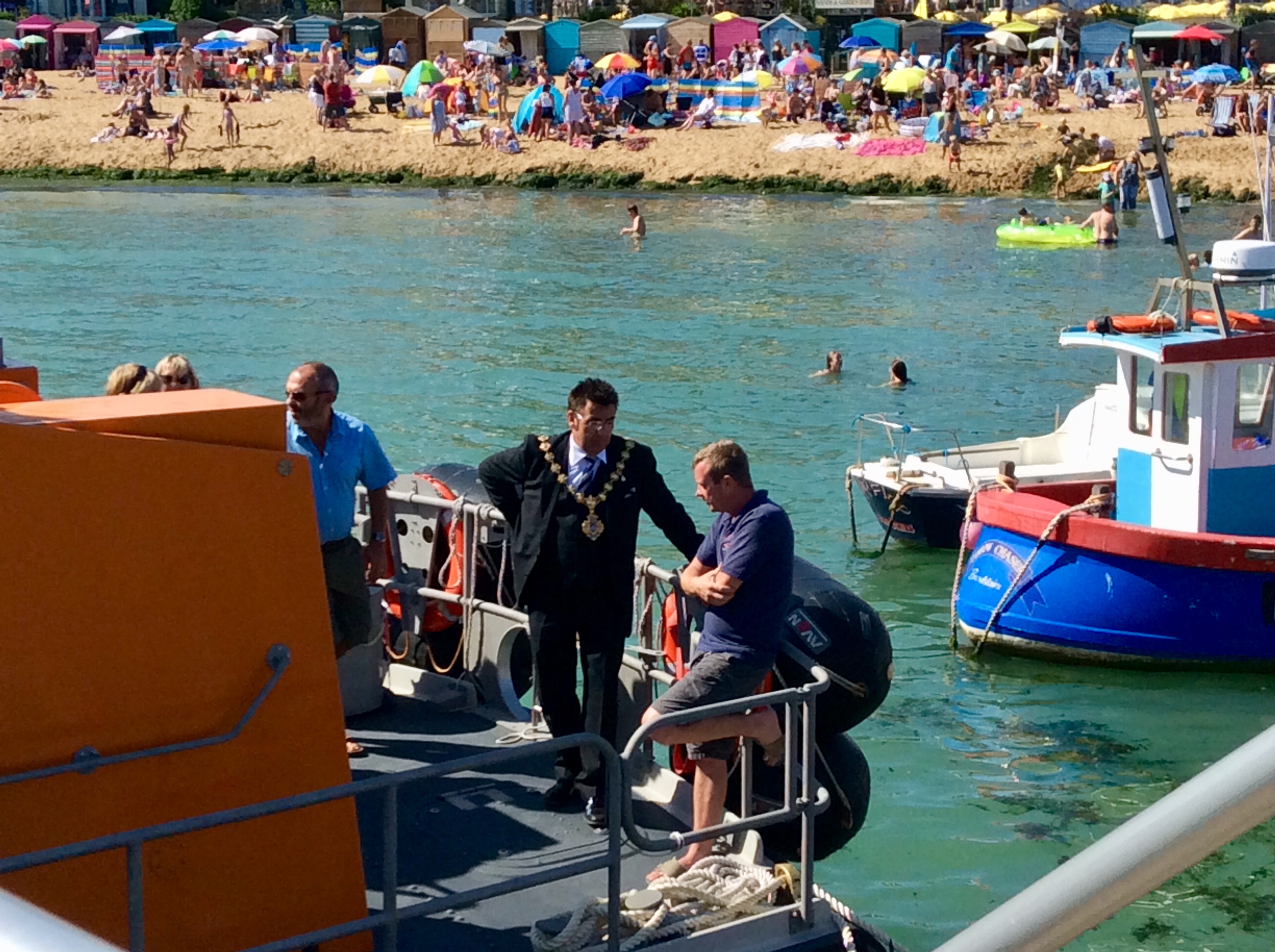 The mayor of Broadstairs Paul Moore with the Ramsgate Coxswain Ian Cannon on the 'Esme Anderson'.