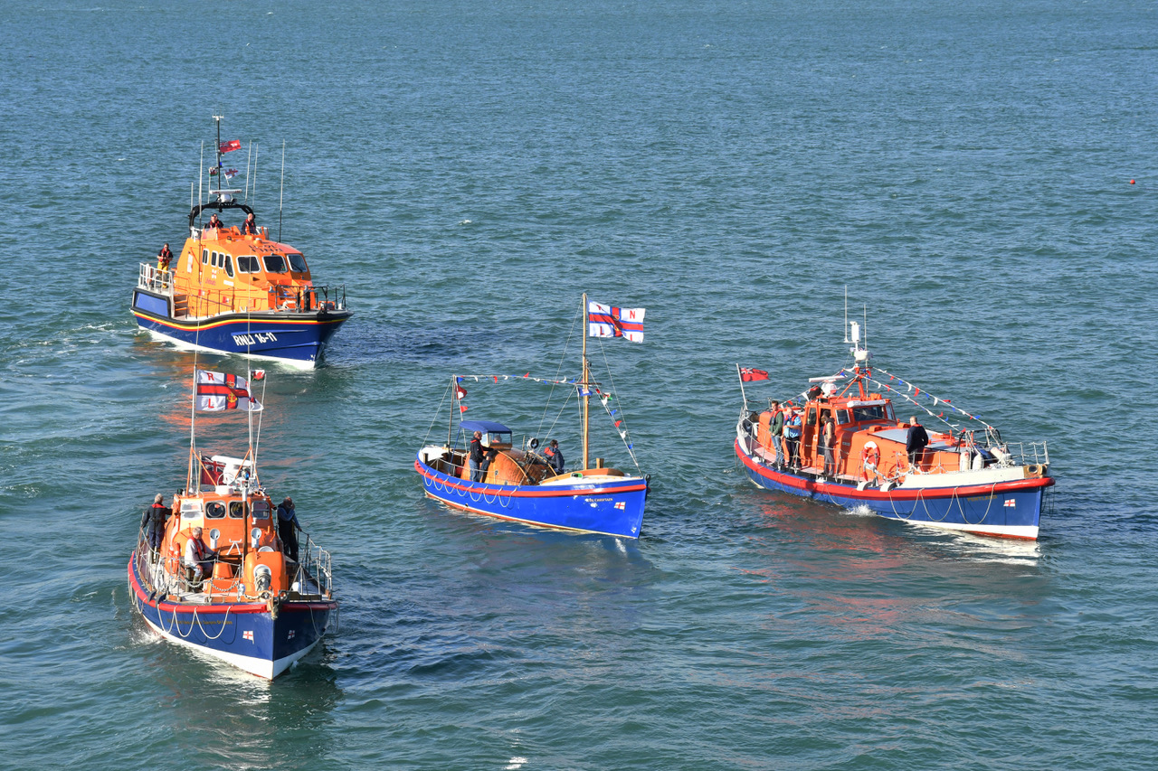 Three of the veteran lifeboats, Richard Vernon and Mary Garforth of Leeds; The Chieftain and Pentland, which will be at Angle RNLI’s birthday open day on Saturday. They are pictured with the station’s Tamar class all weather lifeboat Mark Mason.