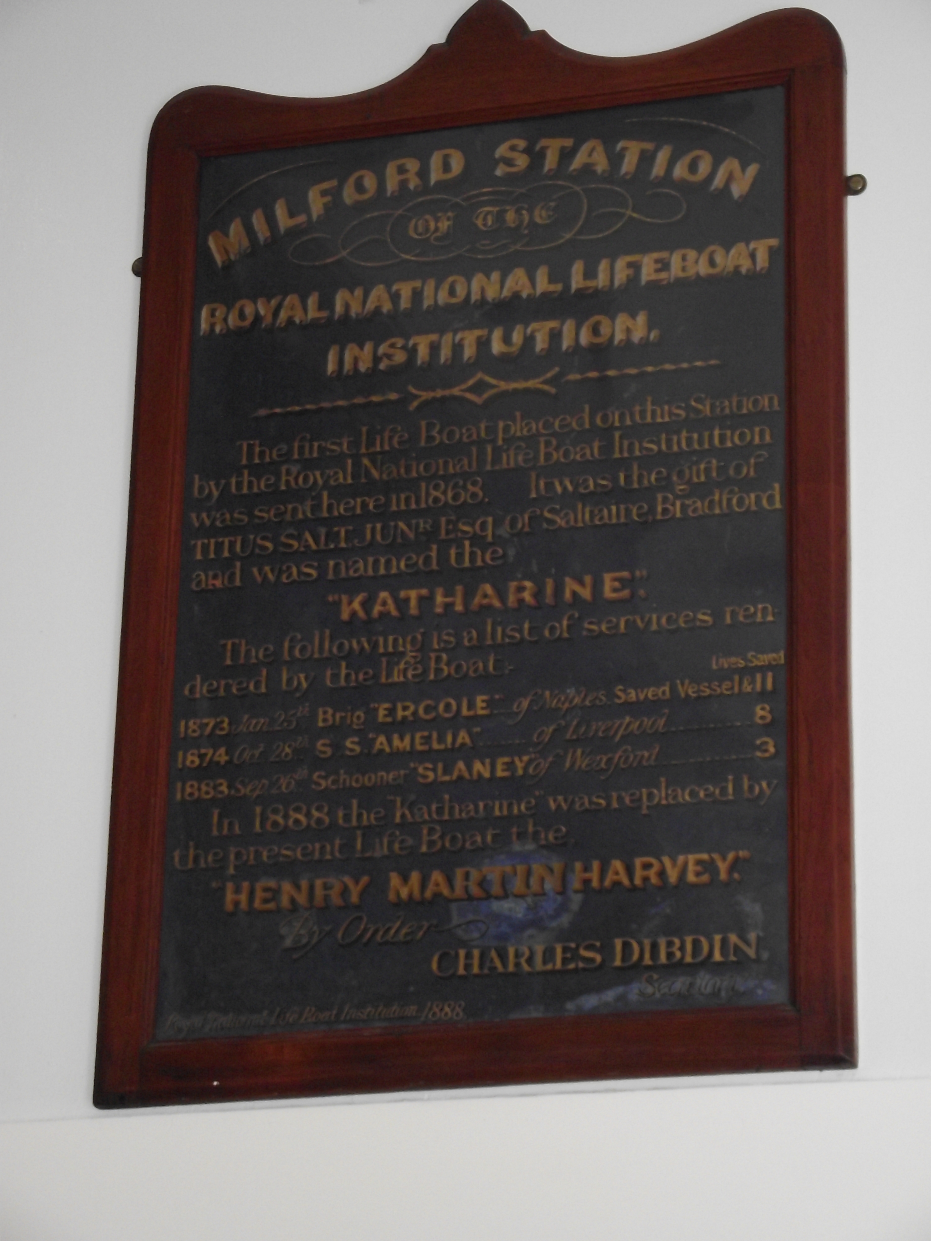 The service board for Angle RNLI’s first lifeboat Katharine. At that time the name of the station was ‘Milford’ and was changed to ‘Angle’ in 1892.