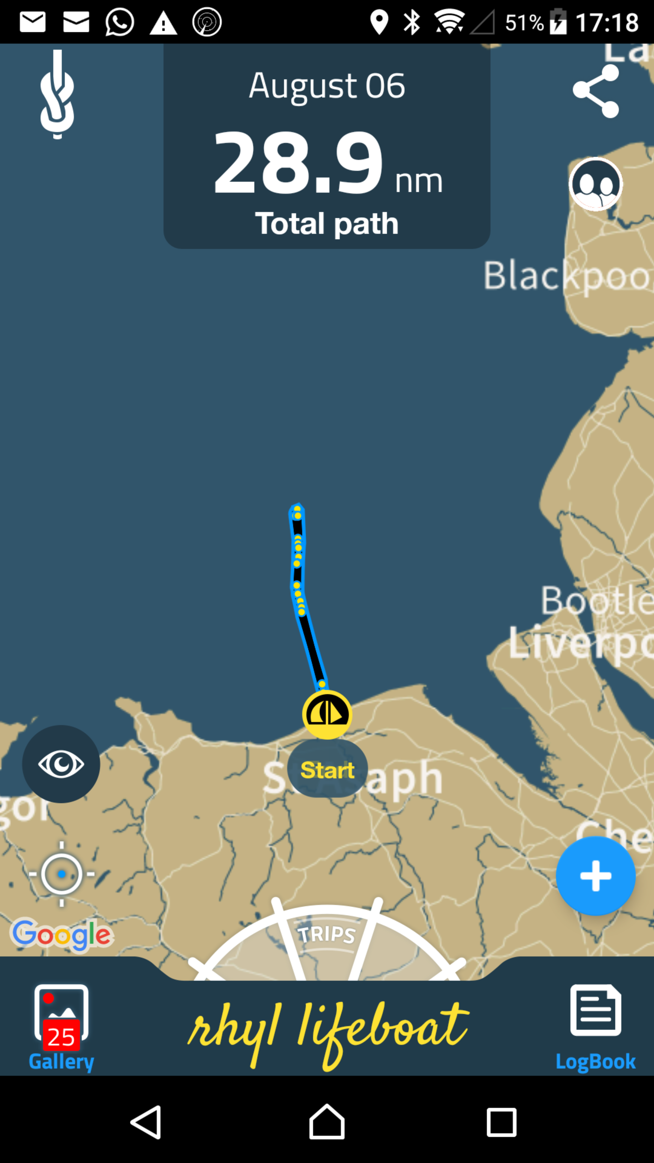 Screenshot of Rhyl lifeboat's path to boat
