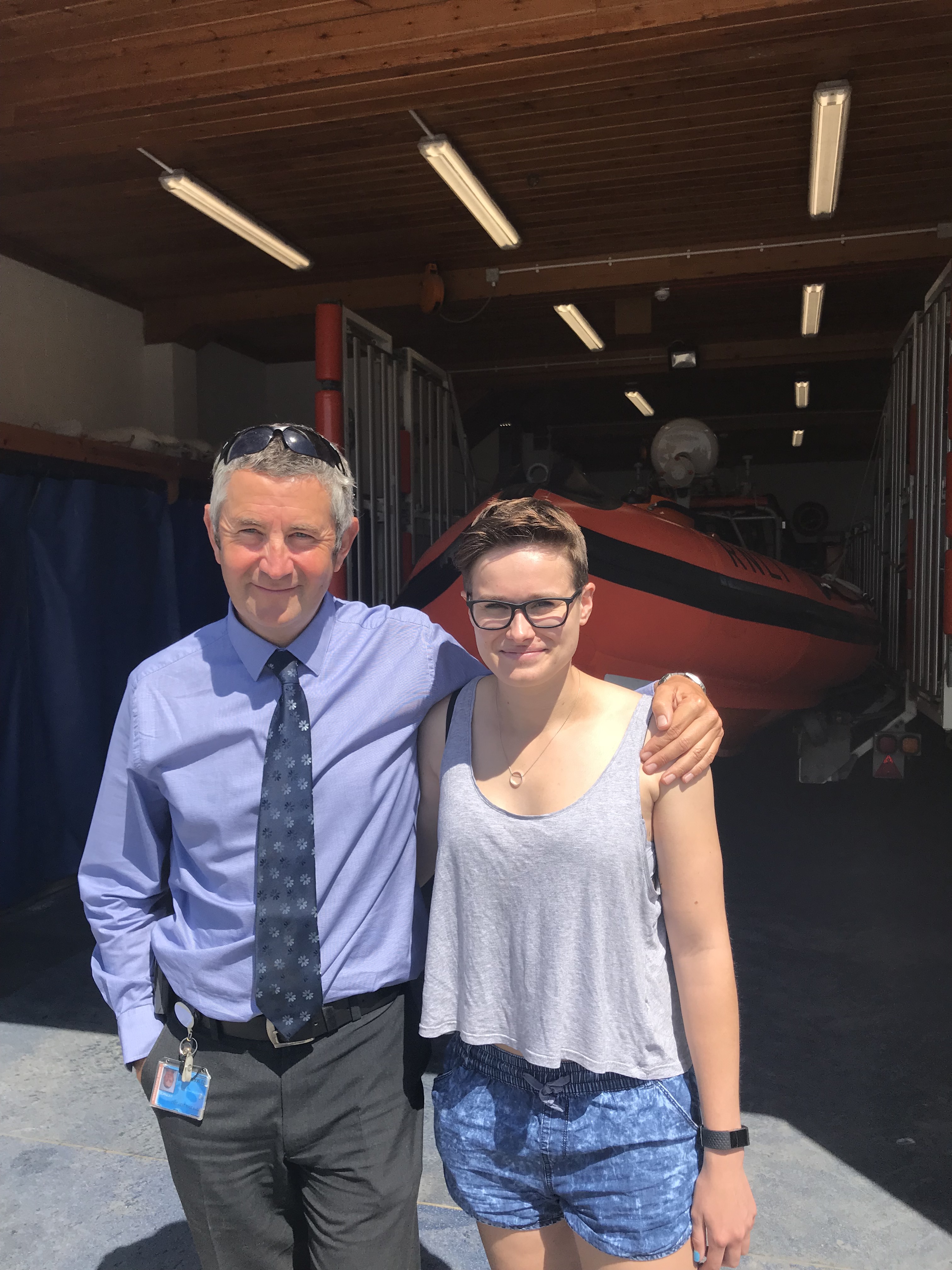 Crew member Paul Williams with Amy when she visited the station to thank the crew that helped her