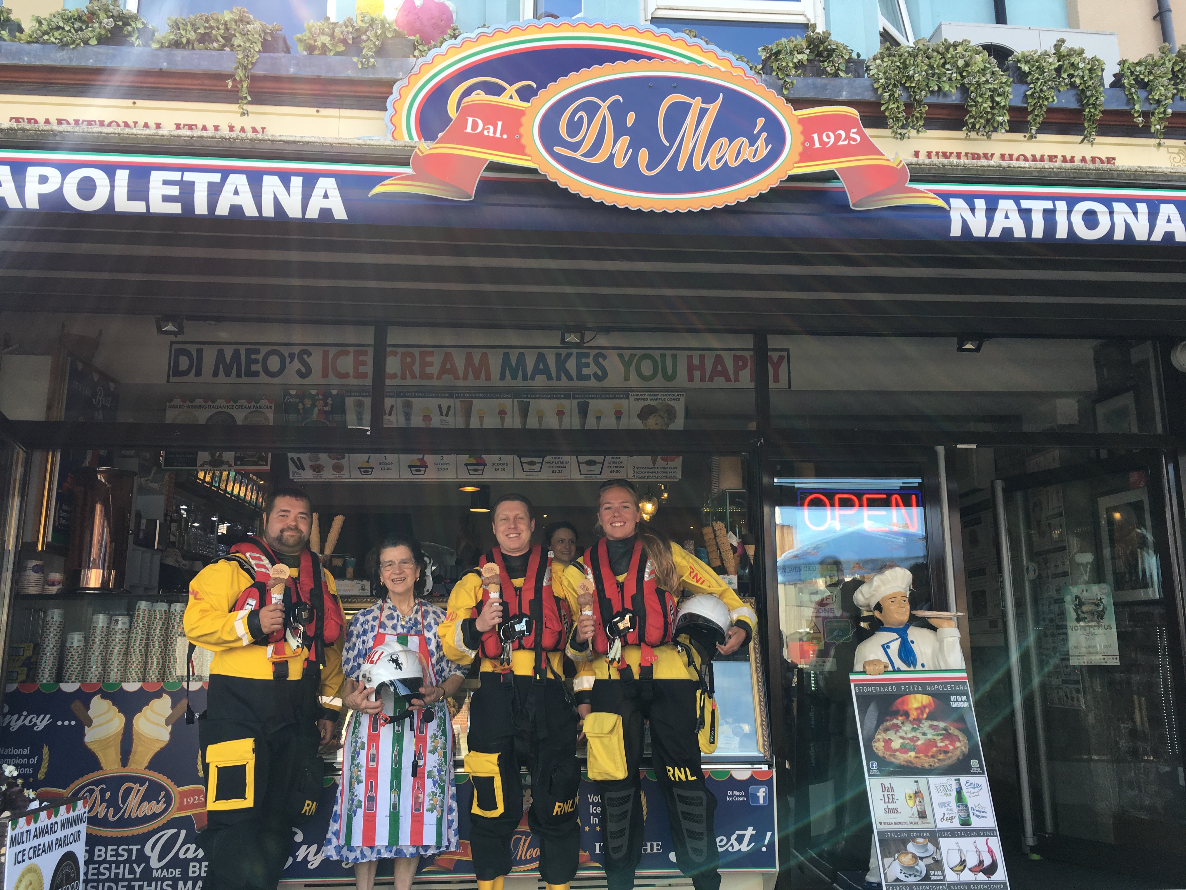 Crew Members Ross, Marc and Anna with their Ice Creams outside Di Meo's 