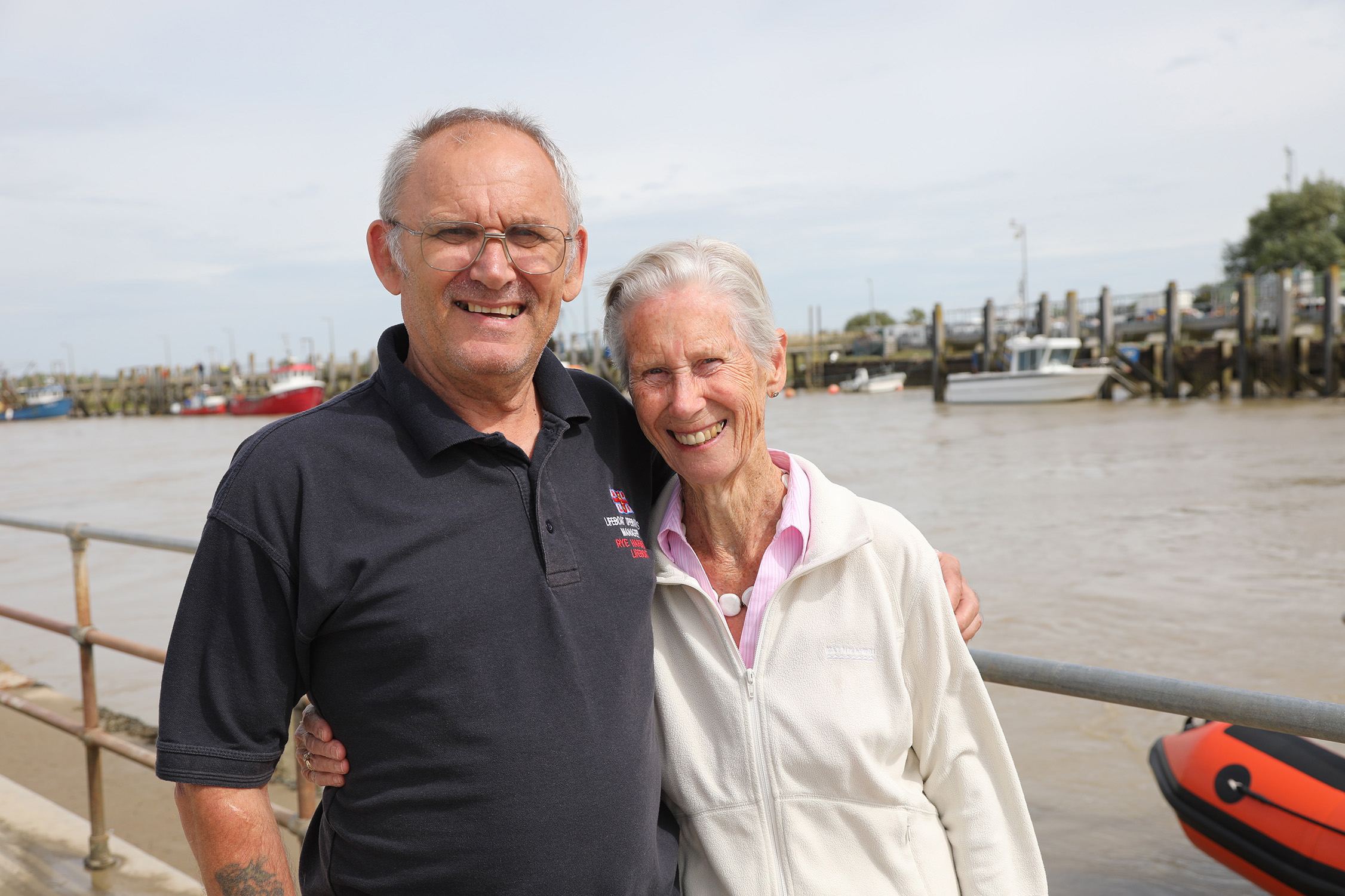 Tony Edwards, the Lifeboat Operations Manager at Rye Harbour, giving a hug to Sheila Pigott