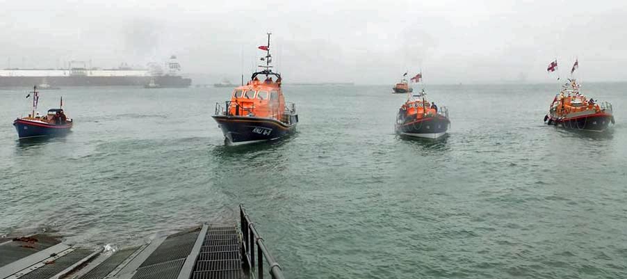 Angle RNLI’s Tamar class all weather lifeboat Mark Mason with the three historic lifeboats at the open day. They are the Liverpool class The Chieftain (ex-Barmouth), Watson class Richard Vernon and Mary Garforth of Leeds (ex-Angle) and the Watson class Joseph Soar (ex-St Davids).