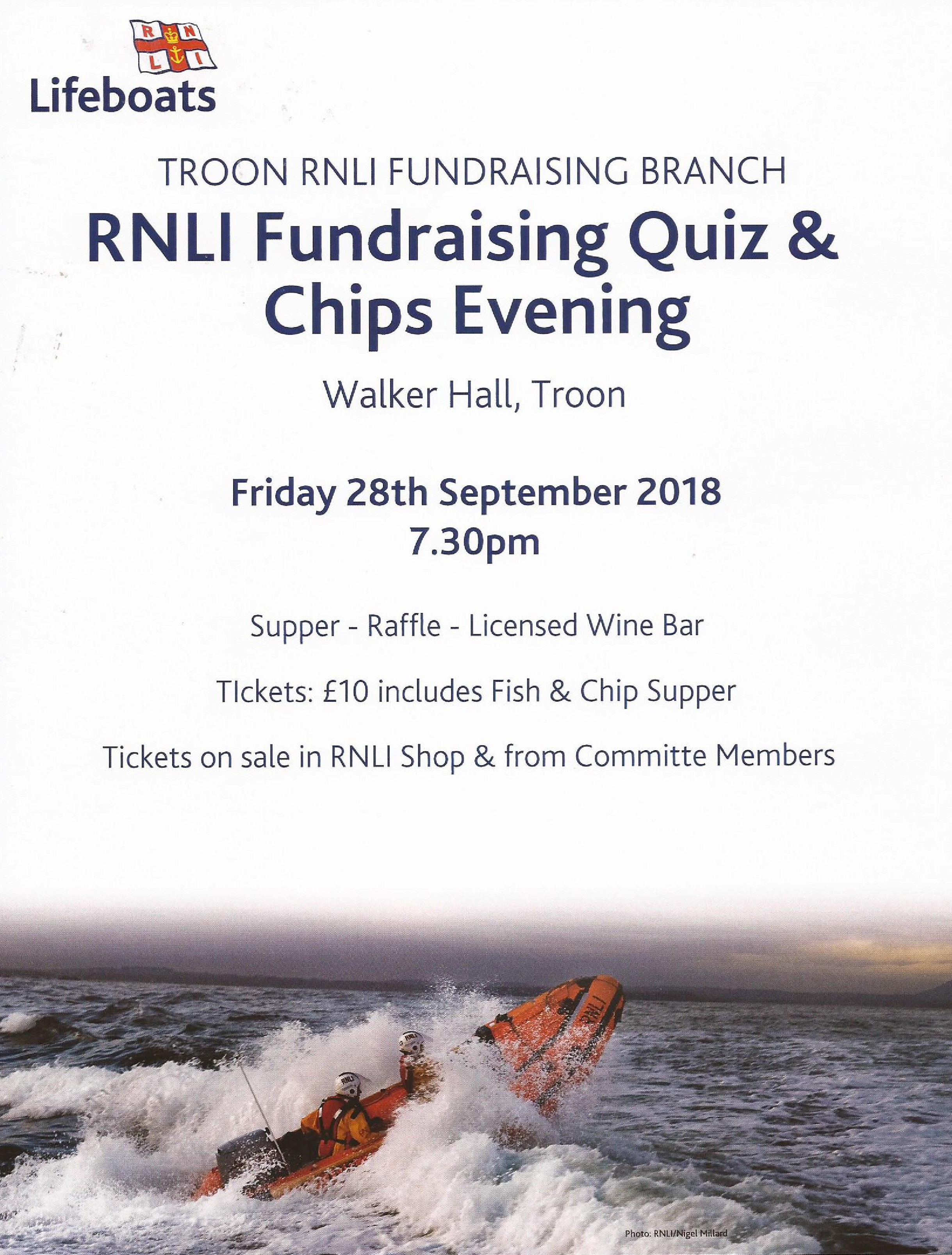 Poster for Troon RNLI Fundraising Branch Quiz n Chips Evening - Friday 28th September 2018
