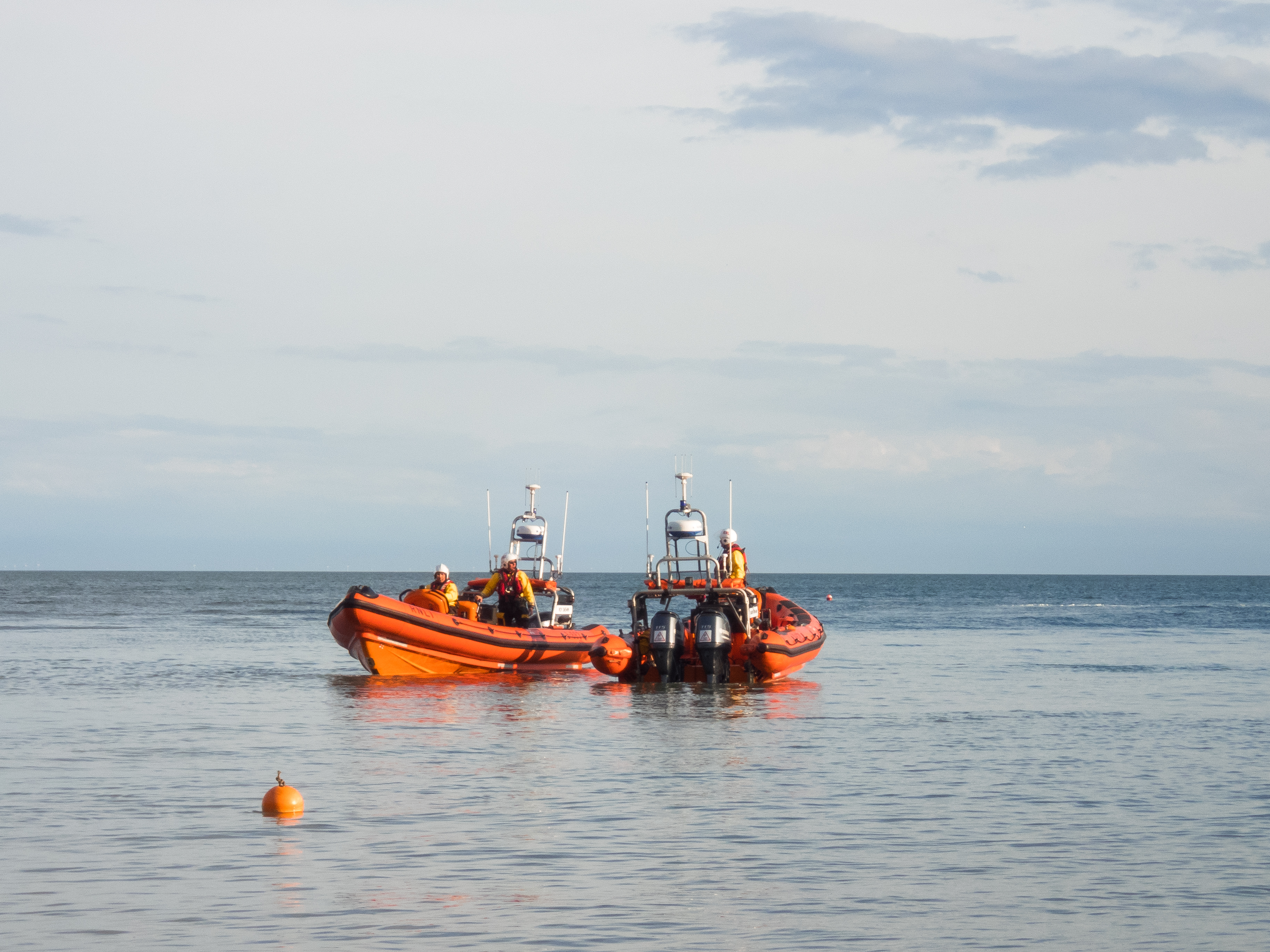 Flamborough RNLI lifeboat B820 and Relief RNLI lifeboat B883 at sea together during changeover.