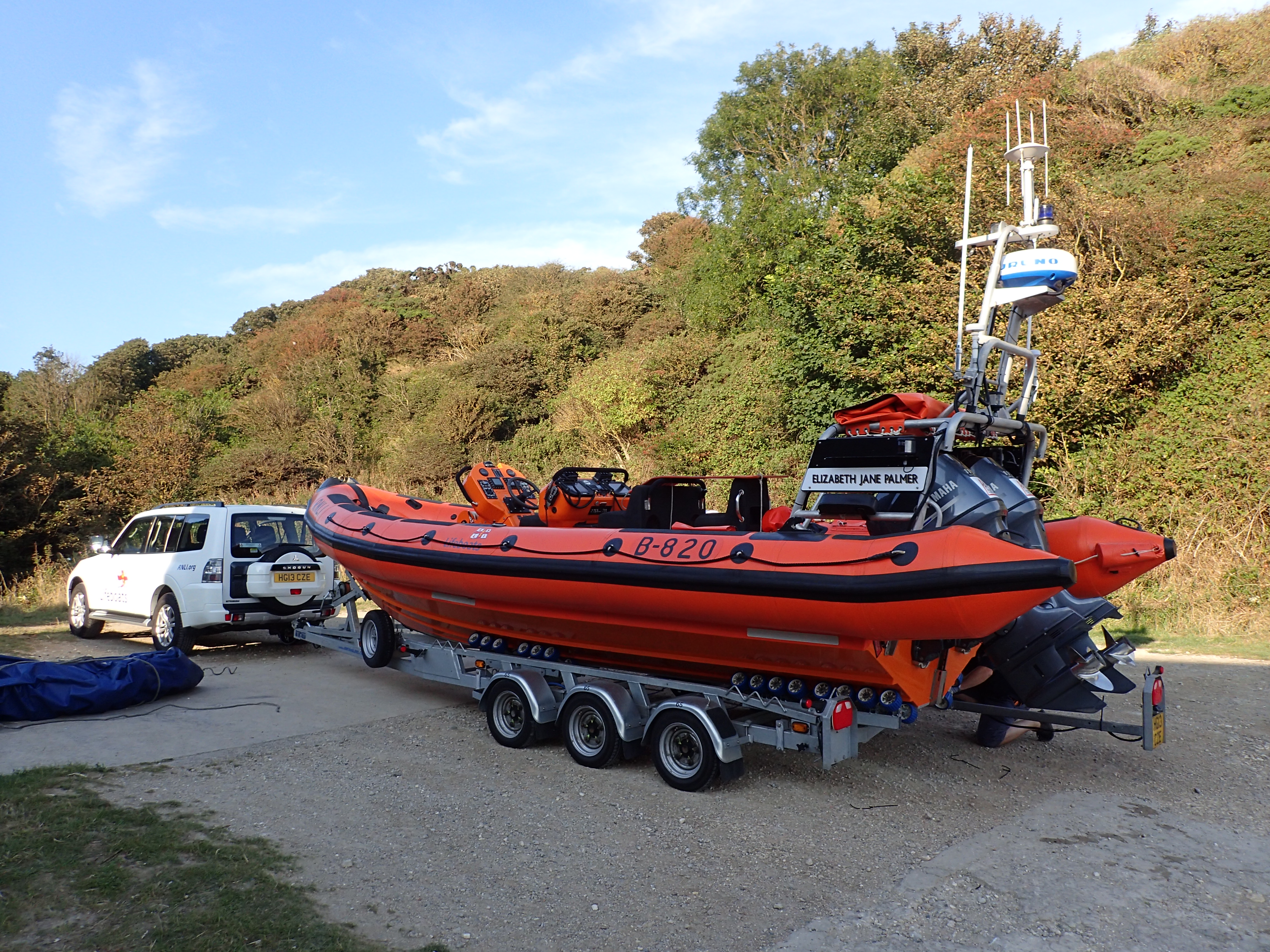 Flamborough RNLI lifeboat B820 Elizabeth Jane Palmer on road transport trailer after returning from RNLI workshops in Cowes.