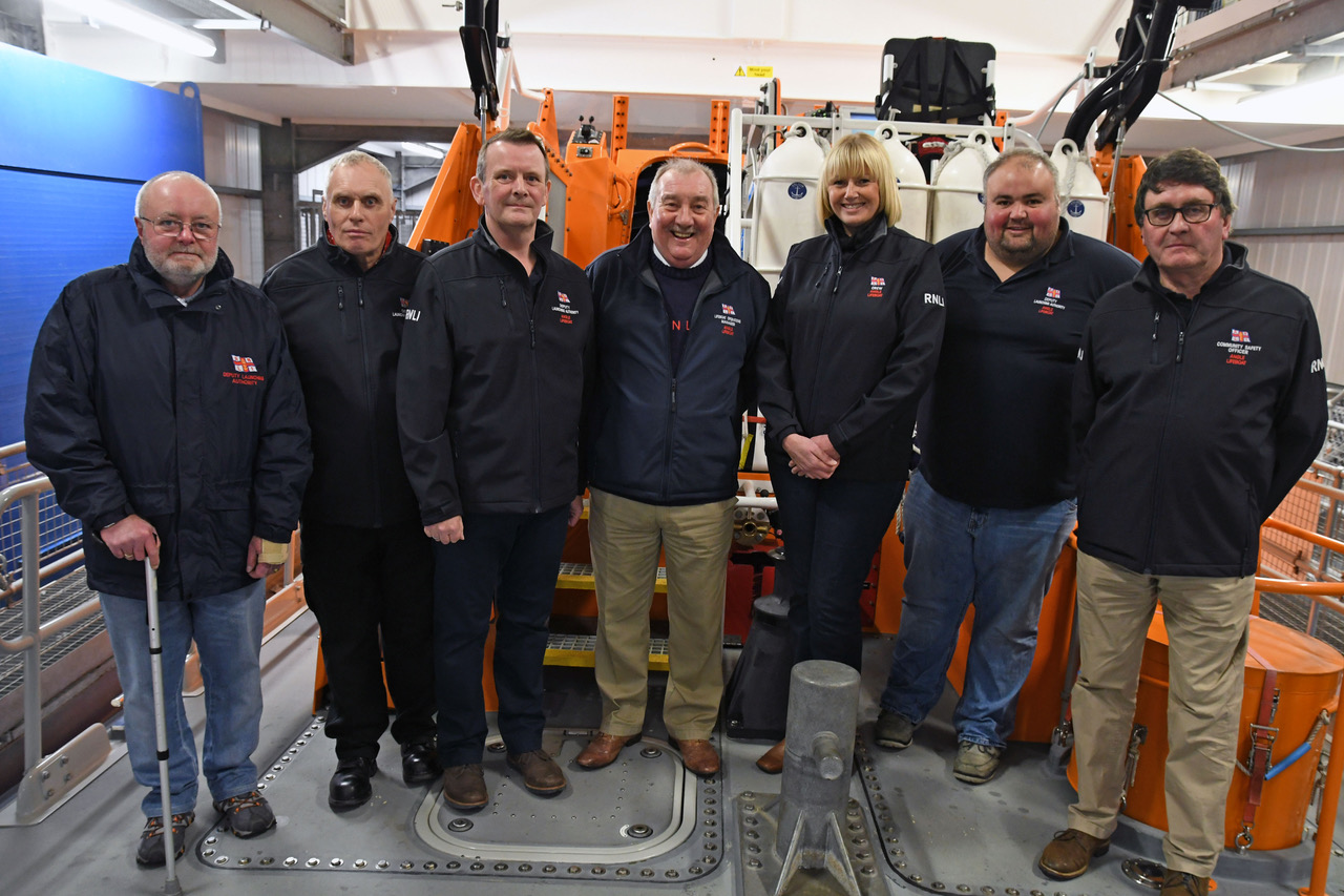 Angle RNLI’s Lifeboat Operations Manager Julian Hammond will be retiring in March and will be succeeded by Mark Newton, Deputy Launching Authority. Appointed new Deputy Launching Authorities are Wendy Moore and Andy Hill. Pictured (left to right) are: Andy Hill, Rev Mike Brotherton (Deputy Launching Authority), Mark Newton, Julian Hammond, Wendy Moore, Davy Barrett (Deputy Launching Authority) and Bevis Musk (Community Safety Officer). They are pictured at the 150th anniversary service.