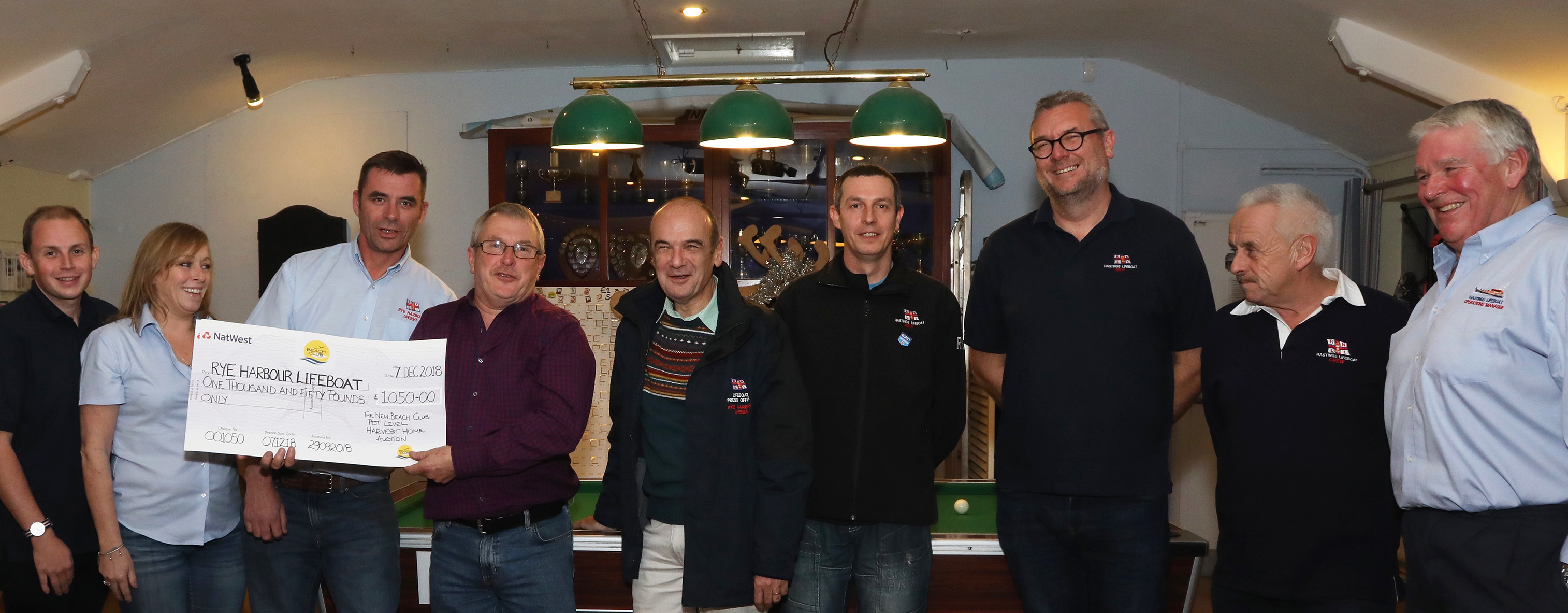 A cheque is presented by 'Sparra' to RNLI volunteers from Rye Harbour and Hastings