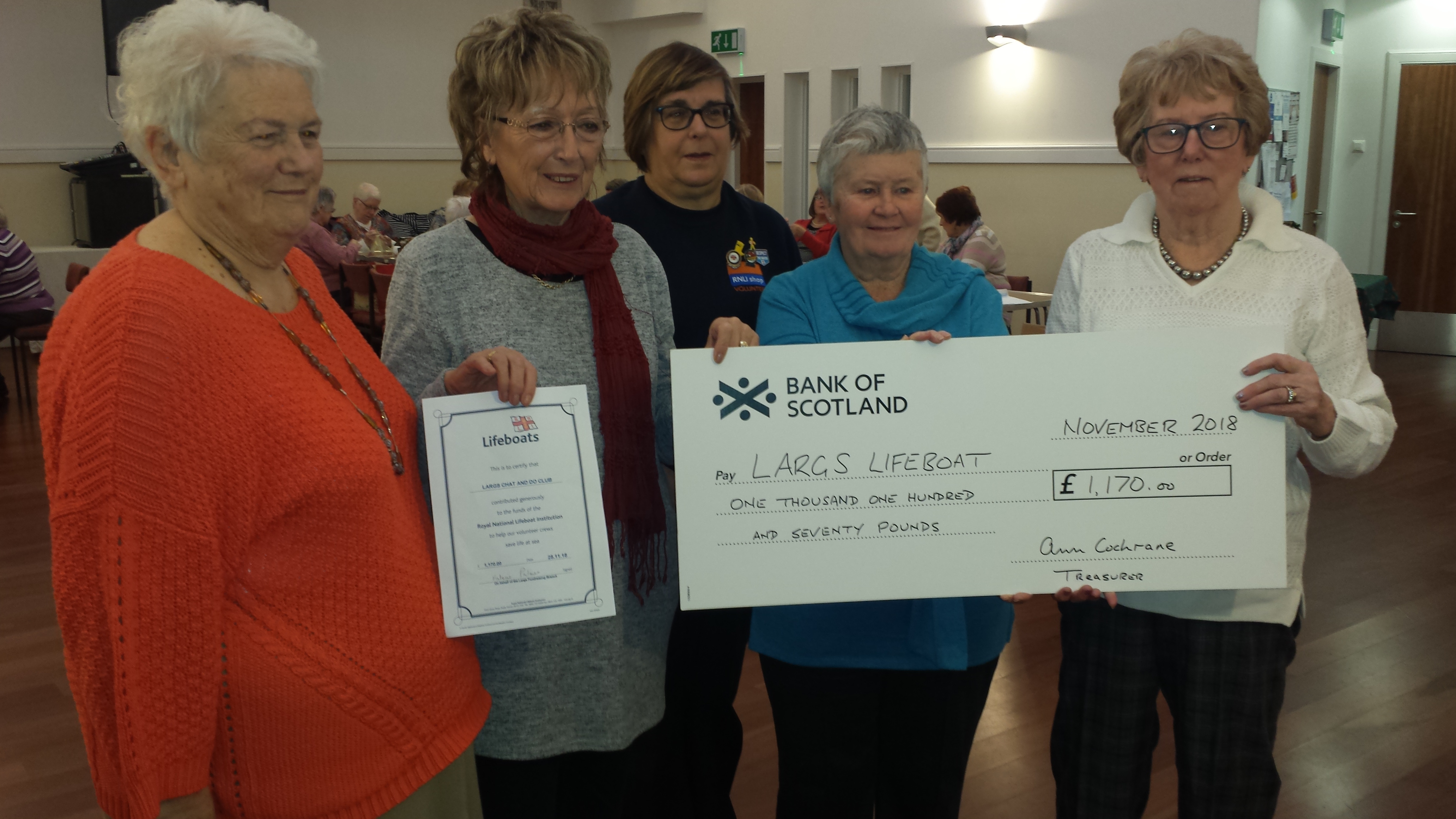 From Left to right Cathy Holgate rnli, Angela McNulty Cath MacInnes Chat &amp; Do Club Val Palmer rnli in the background Maureen Greene rnli
